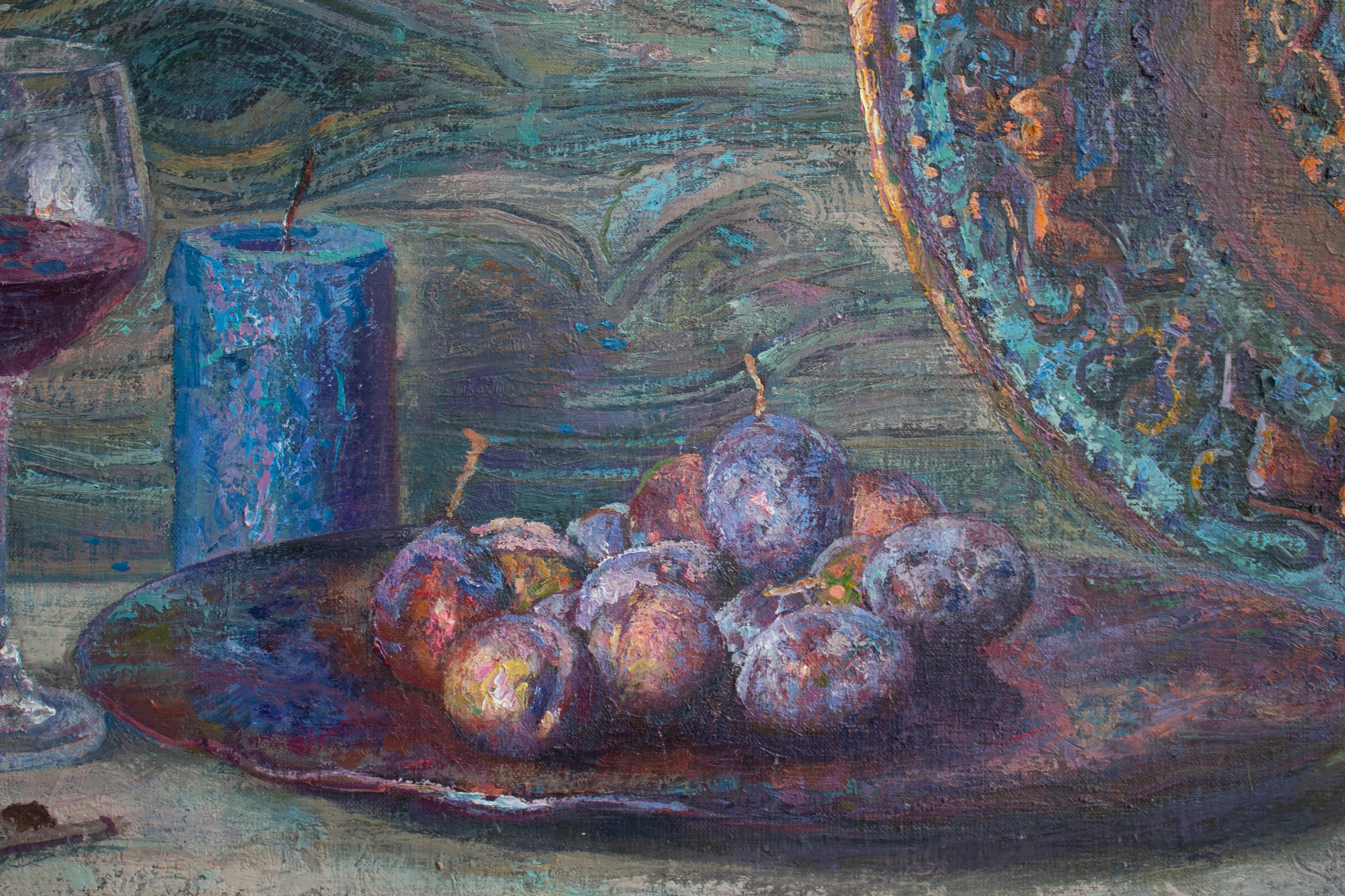 Sirah - Bodegón Pintura al Óleo Colores Burdeos Blanco Marrón Gris Morado Azul - Painting Simbolista de Alexandr Reznichenko