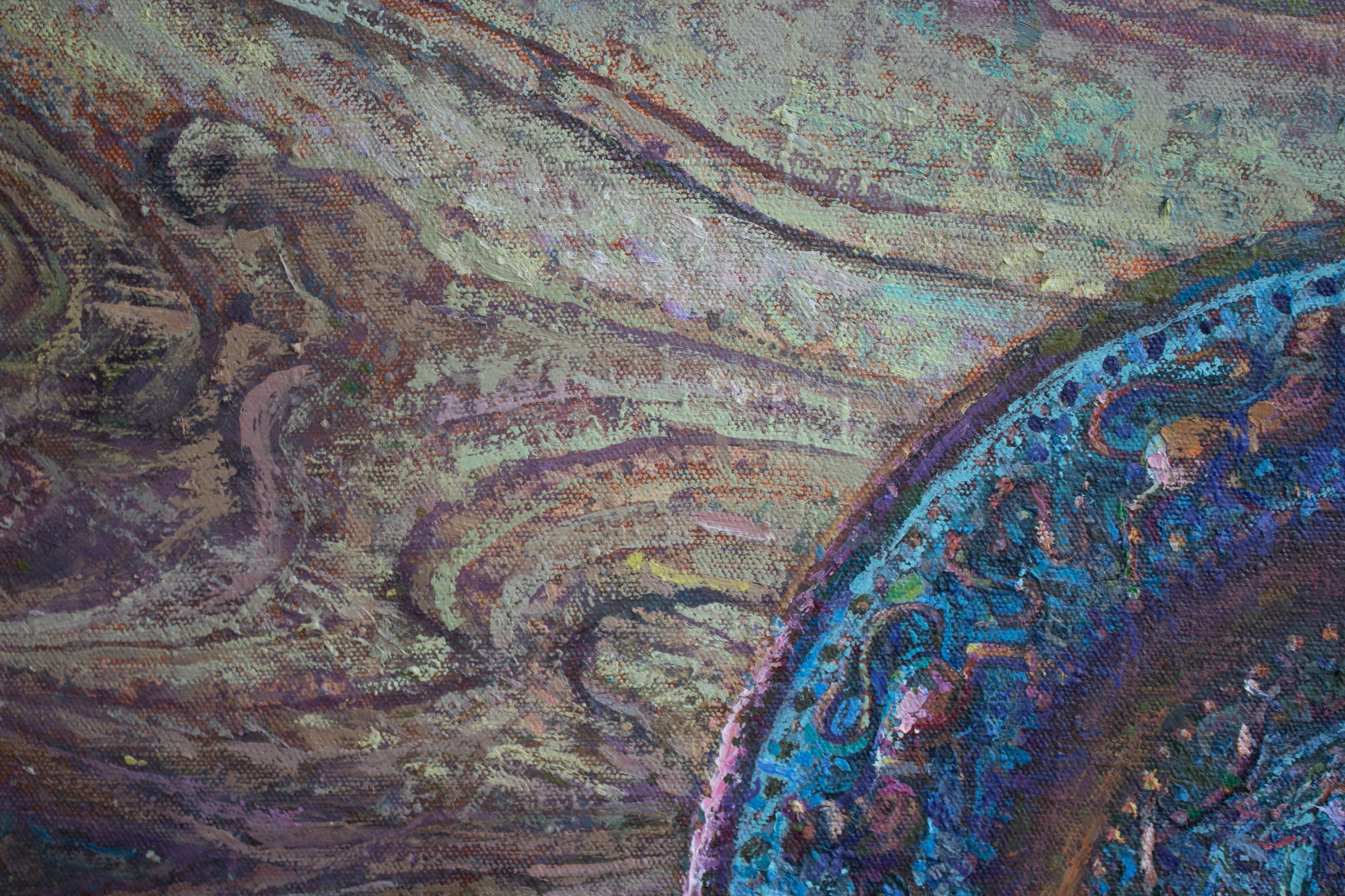 Sirah - Bodegón Pintura al Óleo Colores Burdeos Blanco Marrón Gris Morado Azul en venta 1