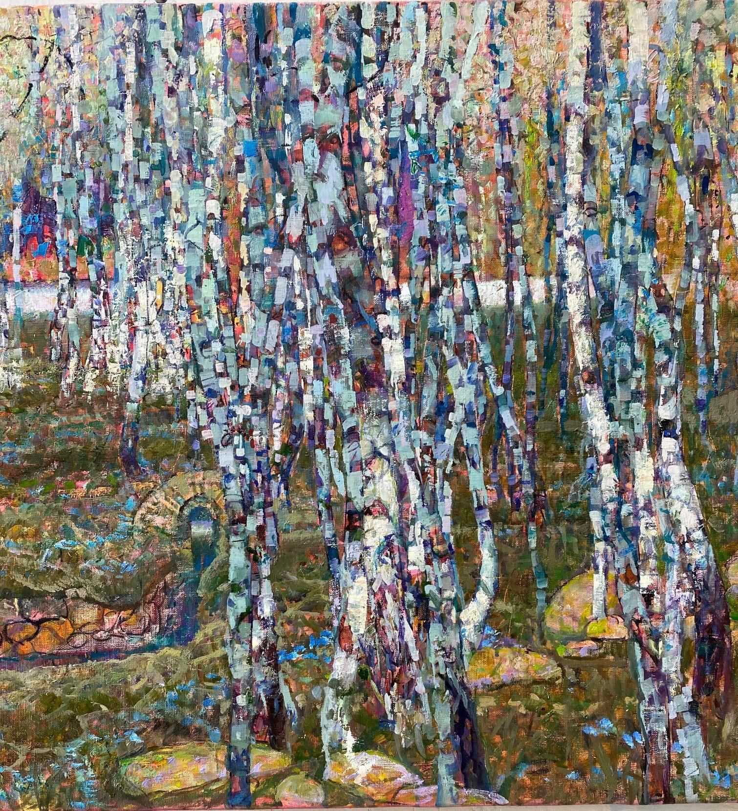 Source In The Grove - Ölgemälde Flieder Gelb Lila Grün Braun Blau Weiß im Angebot 1