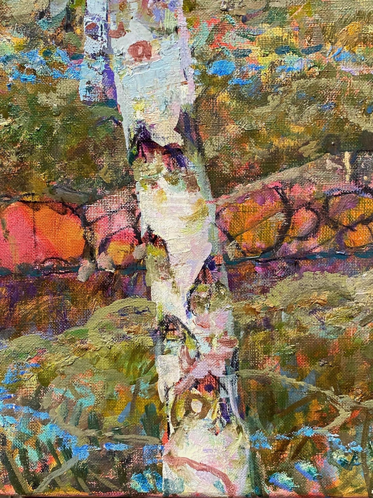 Source In The Grove - Ölgemälde Flieder Gelb Lila Grün Braun Blau Weiß im Angebot 3