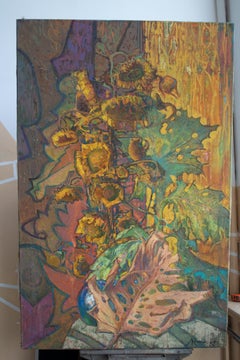 Sunflowers and Burdocks - Oil Painting Colors Green Brown Yellow Orange Blue
