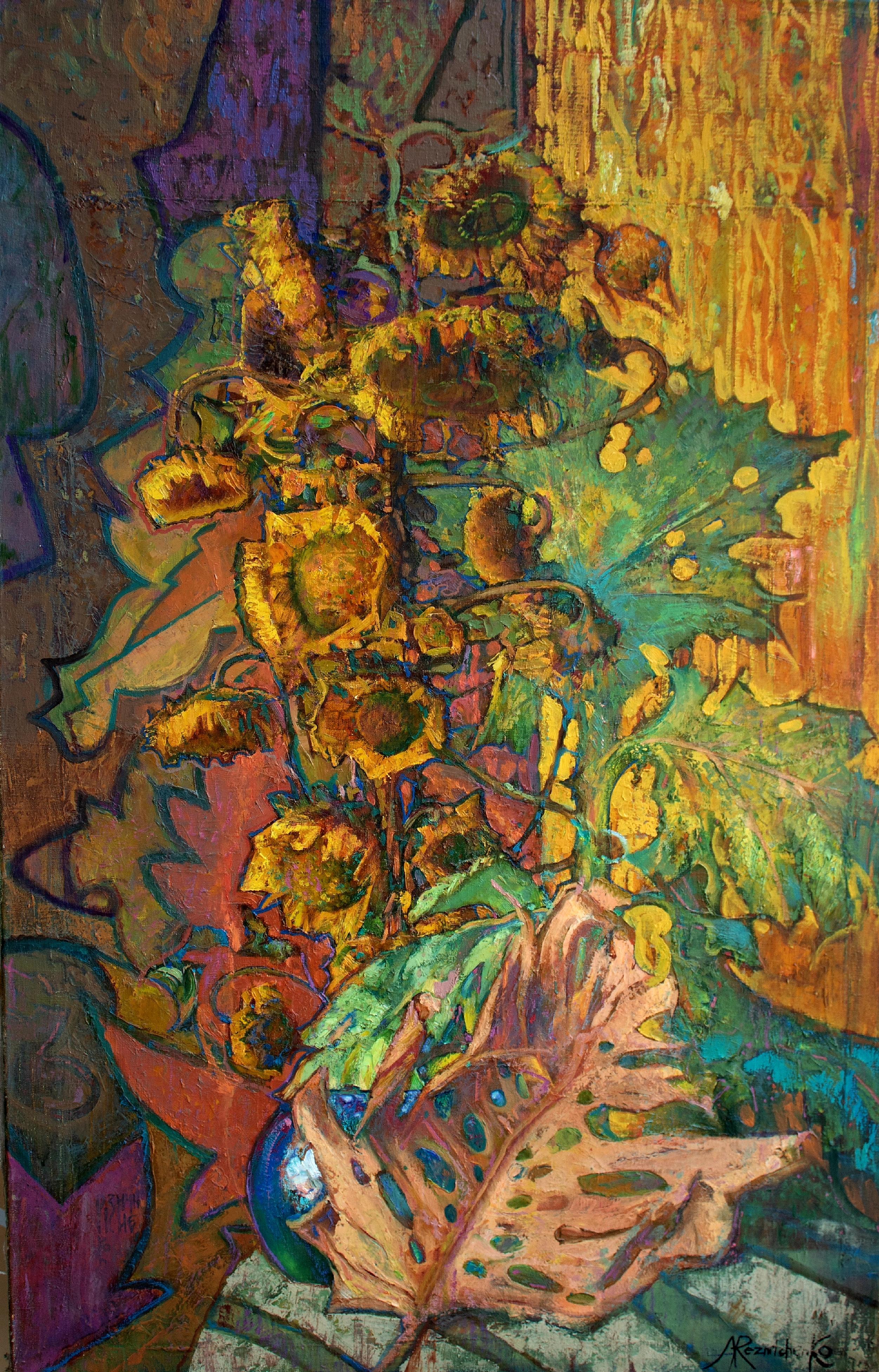Sunflowers and Burdocks - Oil Painting Colors Green Brown Yellow Orange Blue