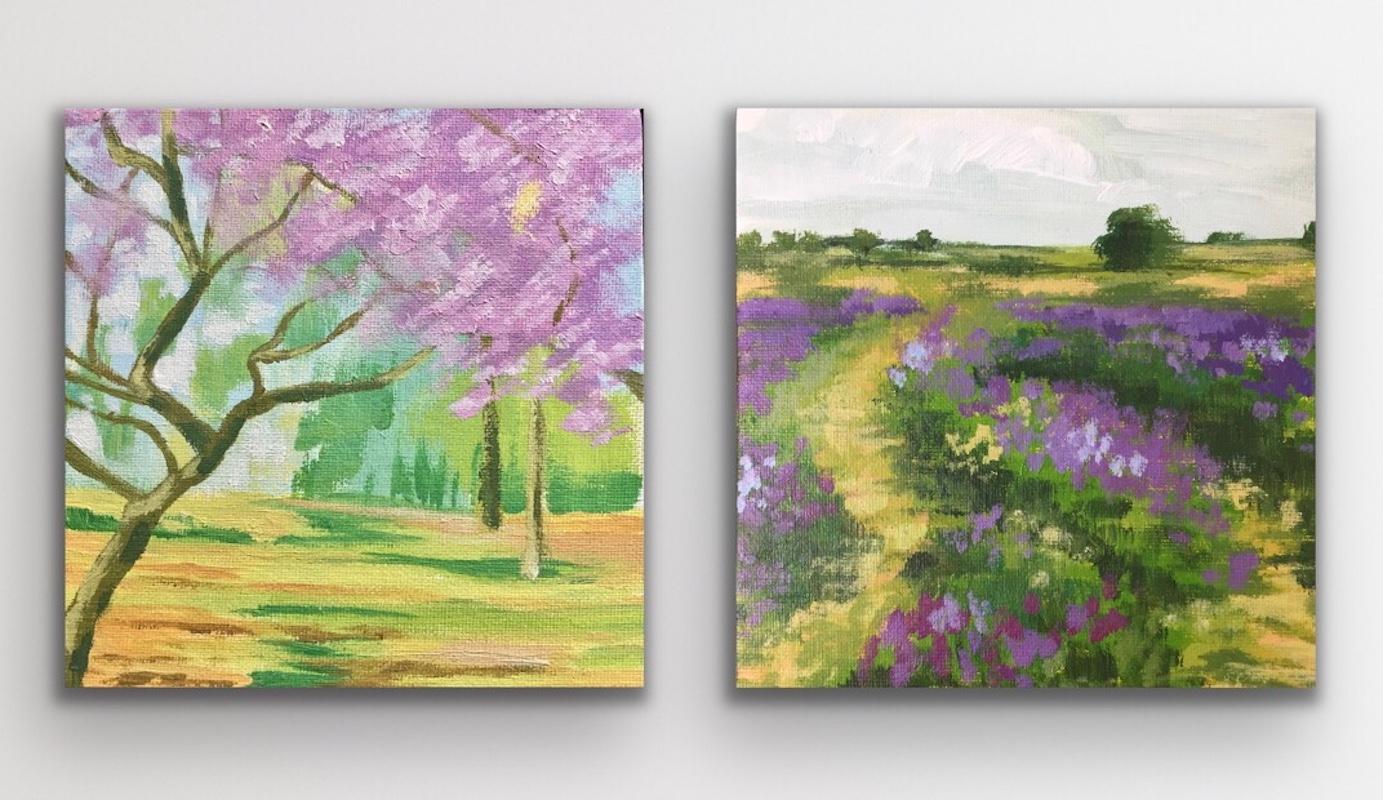 Alexandra Buckle Abstract Painting - Batsford Blossom study 1 and Blue Field Tracks study 2