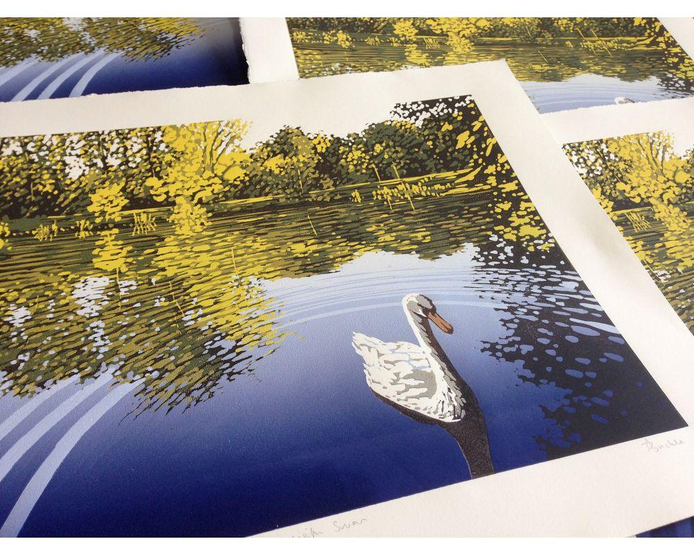 Lake View with Swan, Linocut Print by Alexandra Buckle For Sale 1