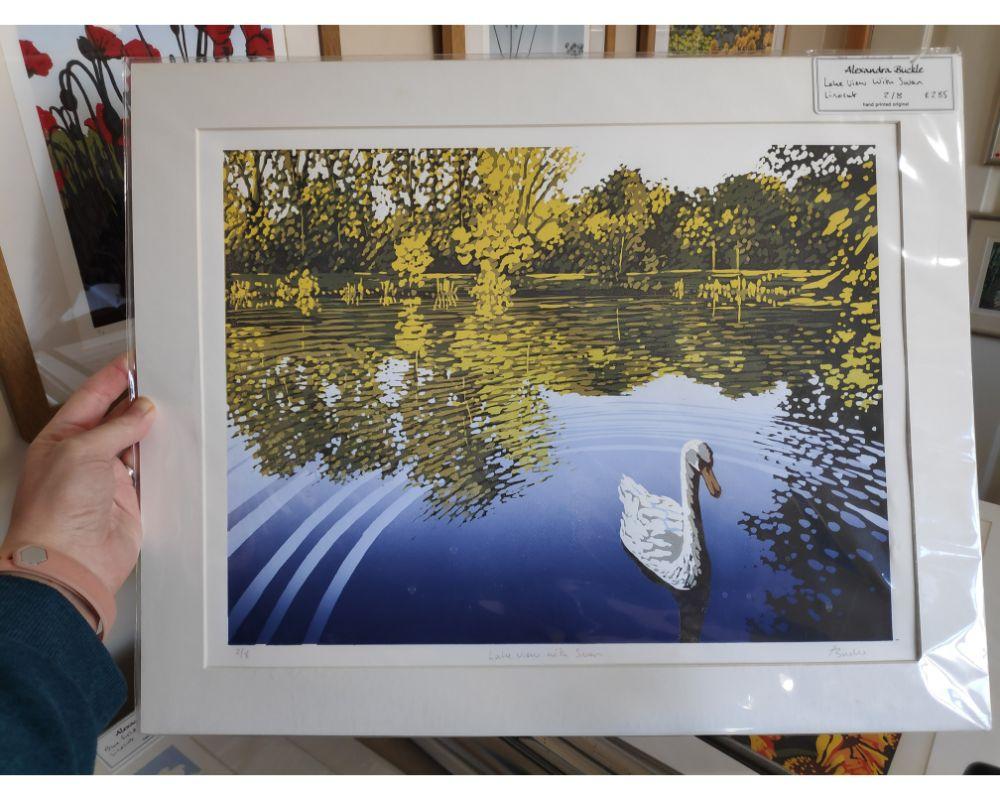 Lake View with Swan, Linocut Print by Alexandra Buckle For Sale 4