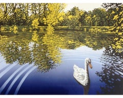 Vue d'un lac avec un Swan, Linogravure d'Alexandra Buckle