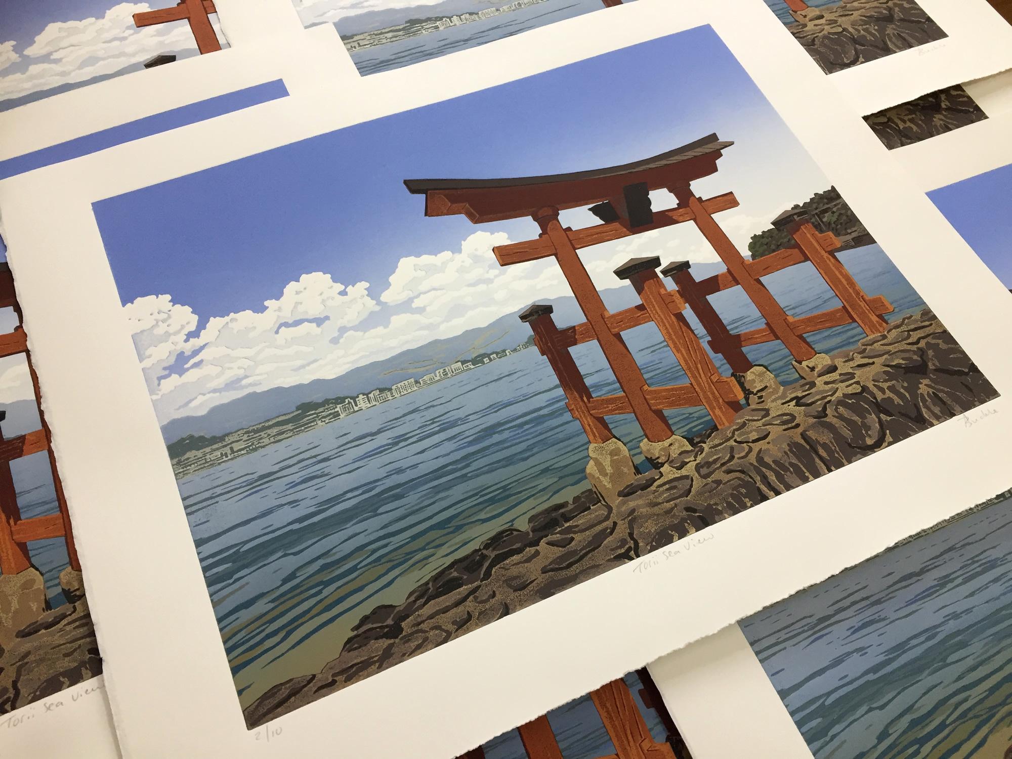 Vista sul mare di Torii, Alexandra Buckle, Stampa linoleografica, Arte del paesaggio giapponese 2