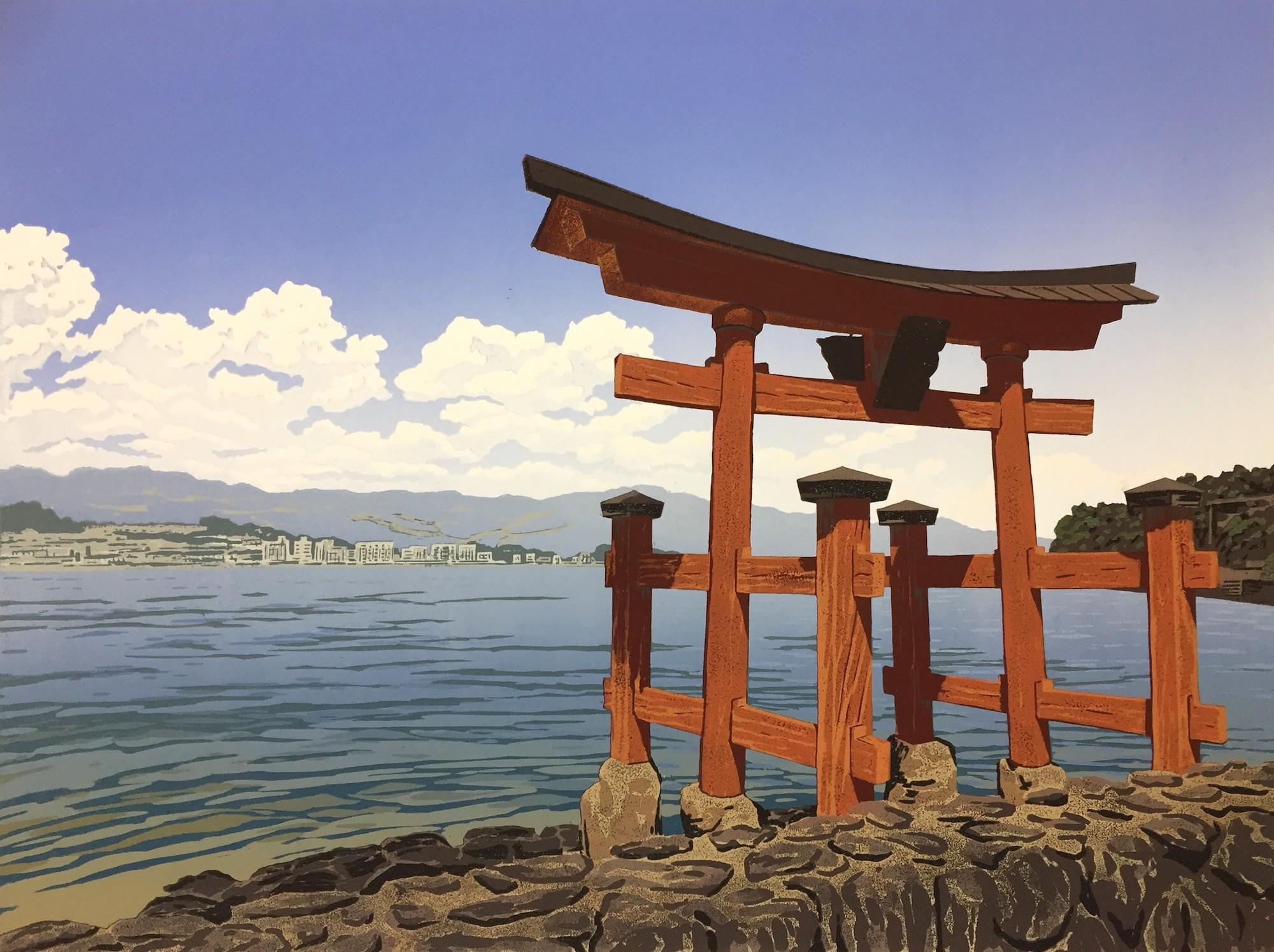 Torii Meeresansicht, Alexandra Schnalle, Linolschnittdruck, japanische Landschaftskunst