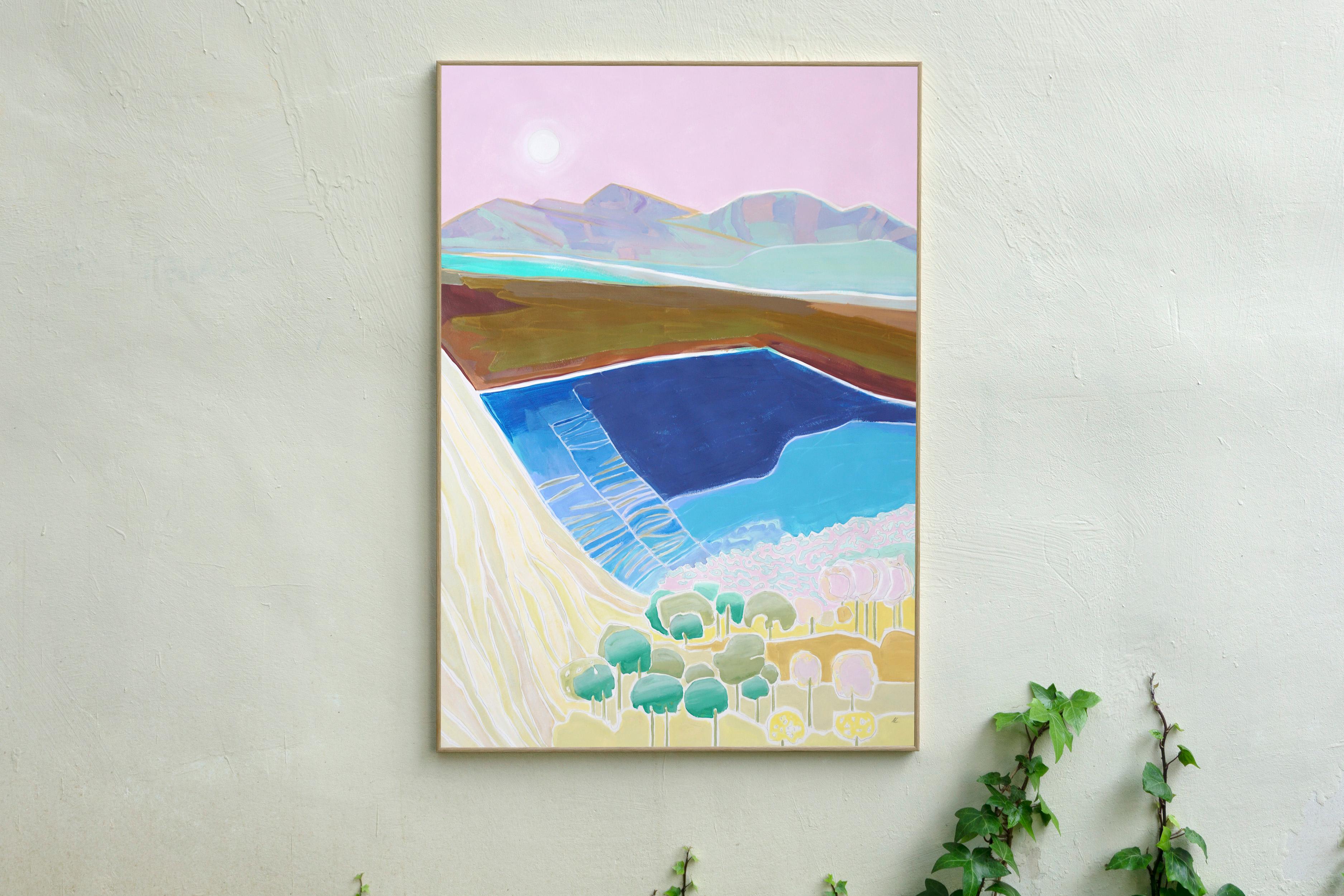 Un lago tra le montagne, paesaggio astratto in toni pastello, acrilico, matita - Painting di Alexandra Czierpka