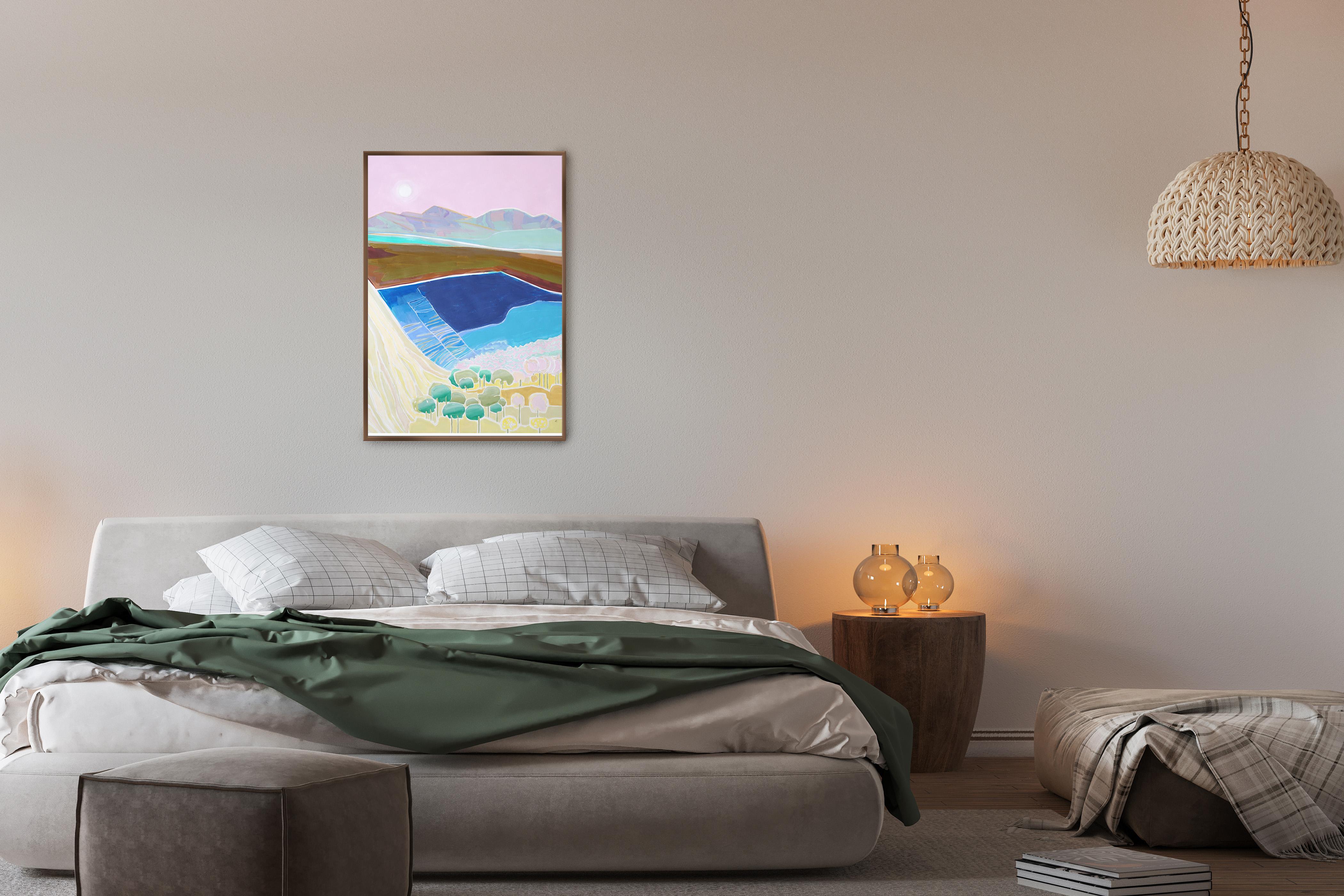 Questo è un bellissimo paesaggio dipinto da Alexandra Czierpka. Riducendo il colore e la forma all'essenziale, invita l'osservatore a contemplare l'armonia tra l'uomo e la natura. Texture morbide, linee dure e forme fluide si fondono in contorni