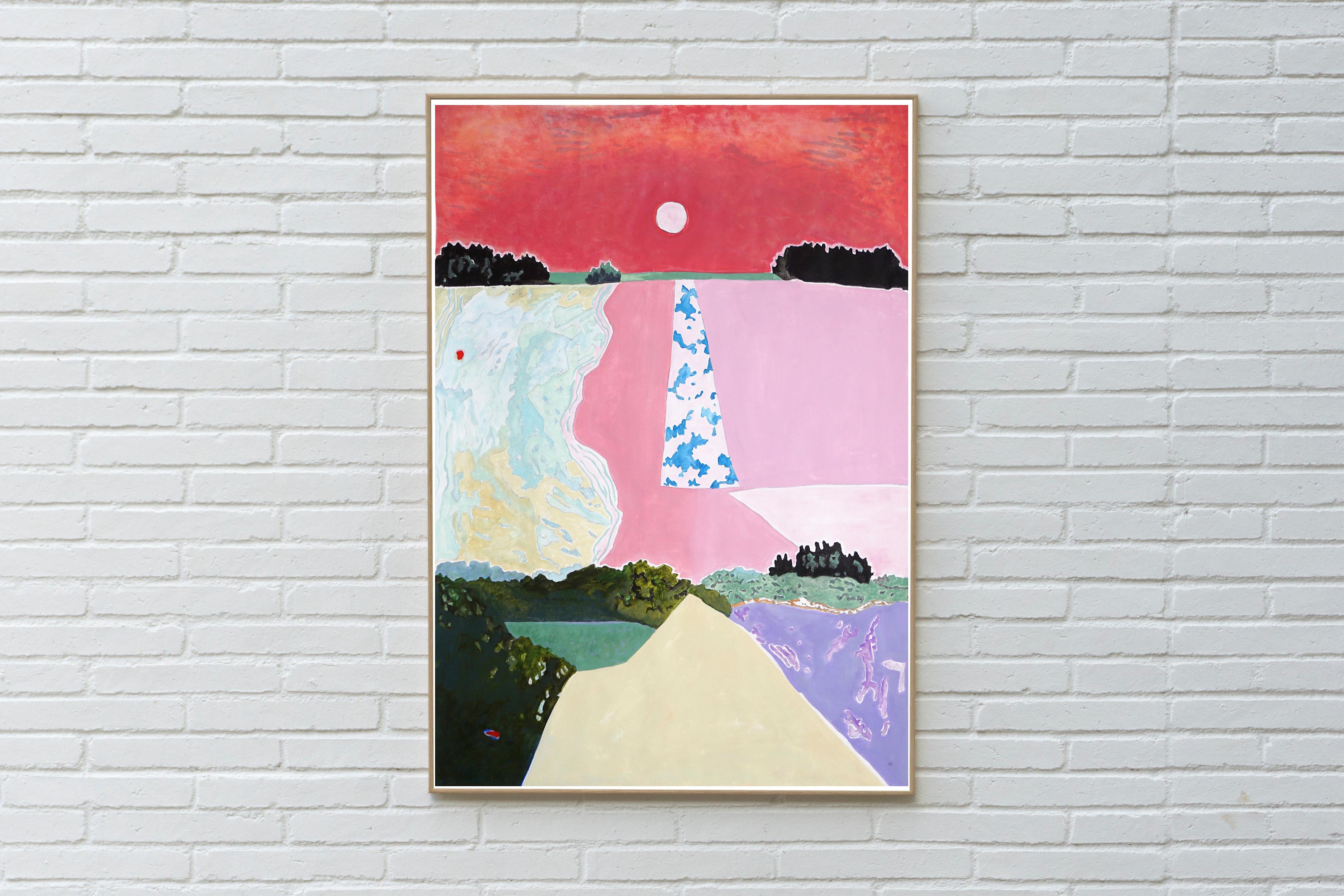 Paesaggio astratto, luci del sole estivo, cielo rosso, pittura colorata su carta, 2024 - Painting di Alexandra Czierpka