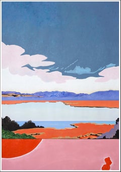 Abstract Modern Landscape in Pink and Blue, Cloudy Sky Colorado Painting, Paper