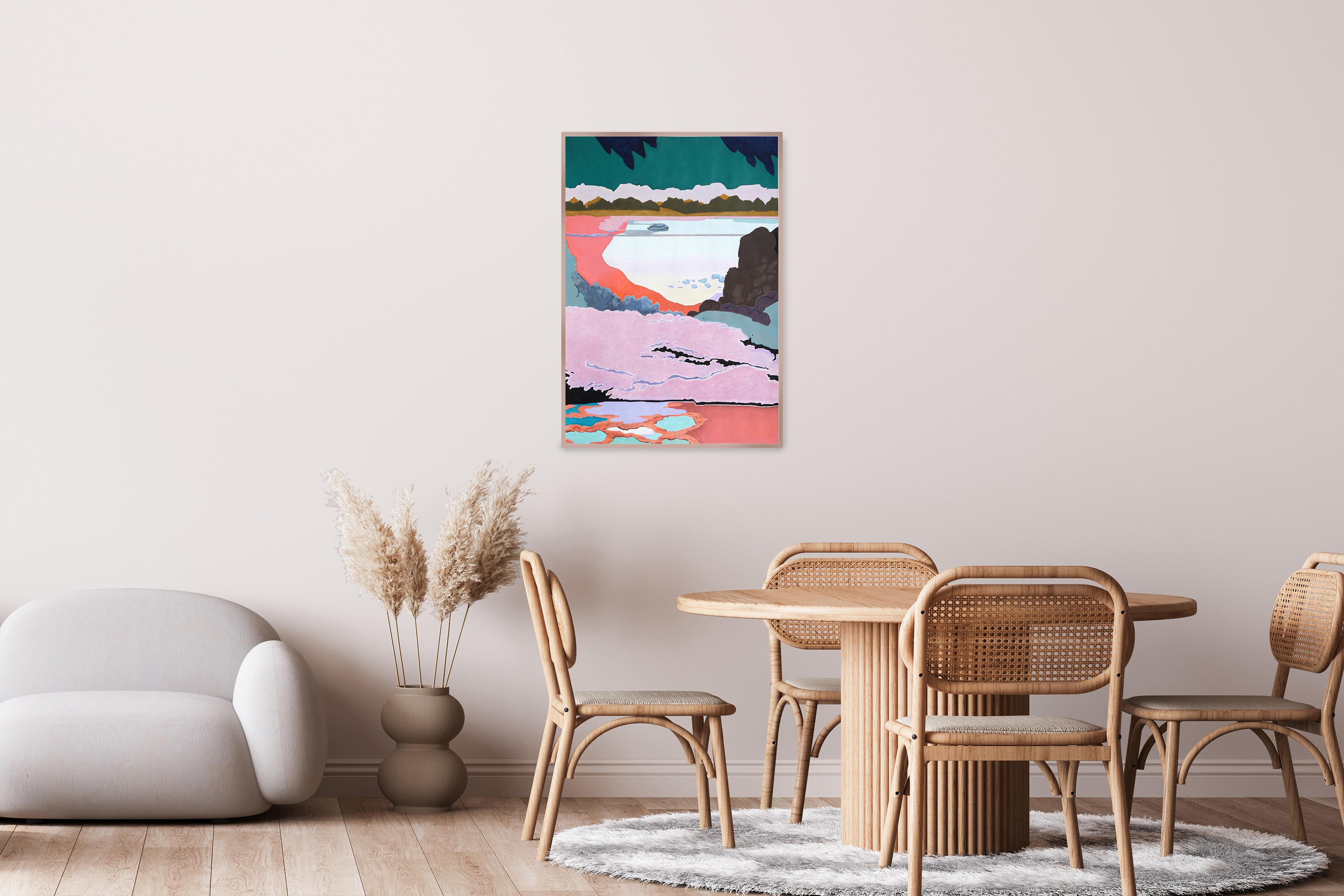 En medio de la corriente, Pintura abstracta fauvista en rosa y verde sobre papel, 2024 - Painting de Alexandra Czierpka