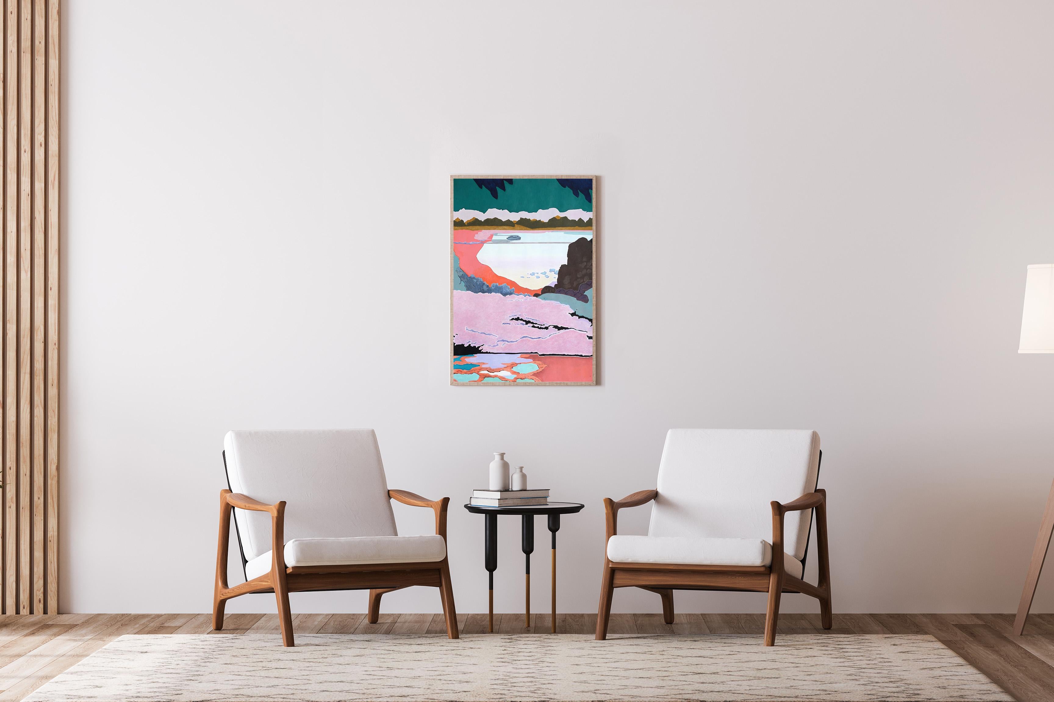 Éste es un hermoso cuadro de paisaje pintado por Alexandra Czierpka. Al reducir el color y la forma a lo esencial, invita al observador a contemplar la armonía entre el ser humano y la naturaleza. Texturas suaves, líneas duras y formas fluidas se
