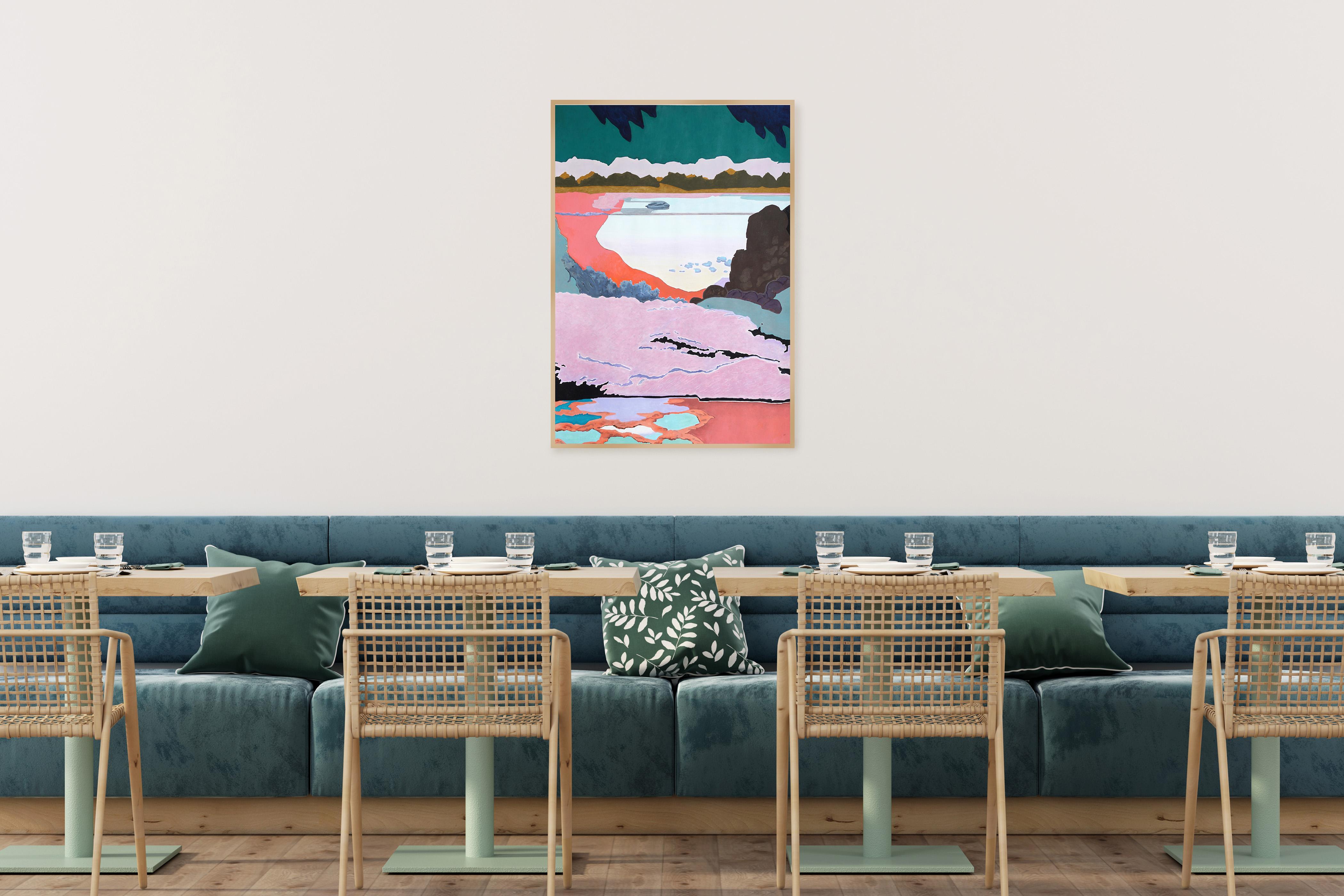 En medio de la corriente, Pintura abstracta fauvista en rosa y verde sobre papel, 2024 en venta 1