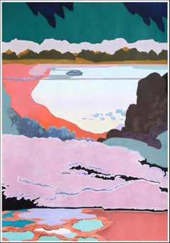 Amidst the Current, Abstract Fauvist Painting in Pink and Green on Paper, 2024