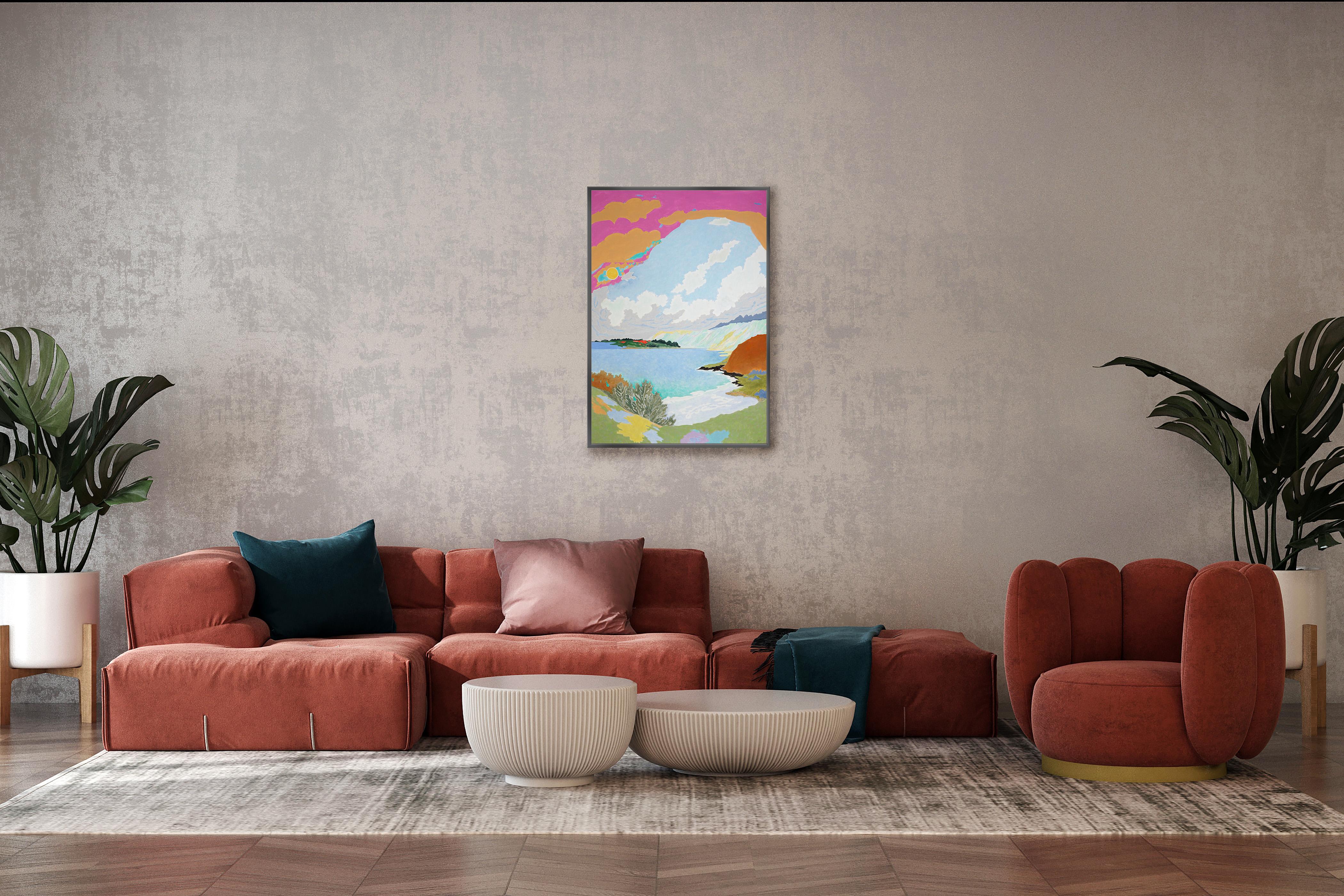 An Attempt to Decipher the Fragile Positive, Surreal Landscape in Bright Tones - Gray Landscape Painting by Alexandra Czierpka