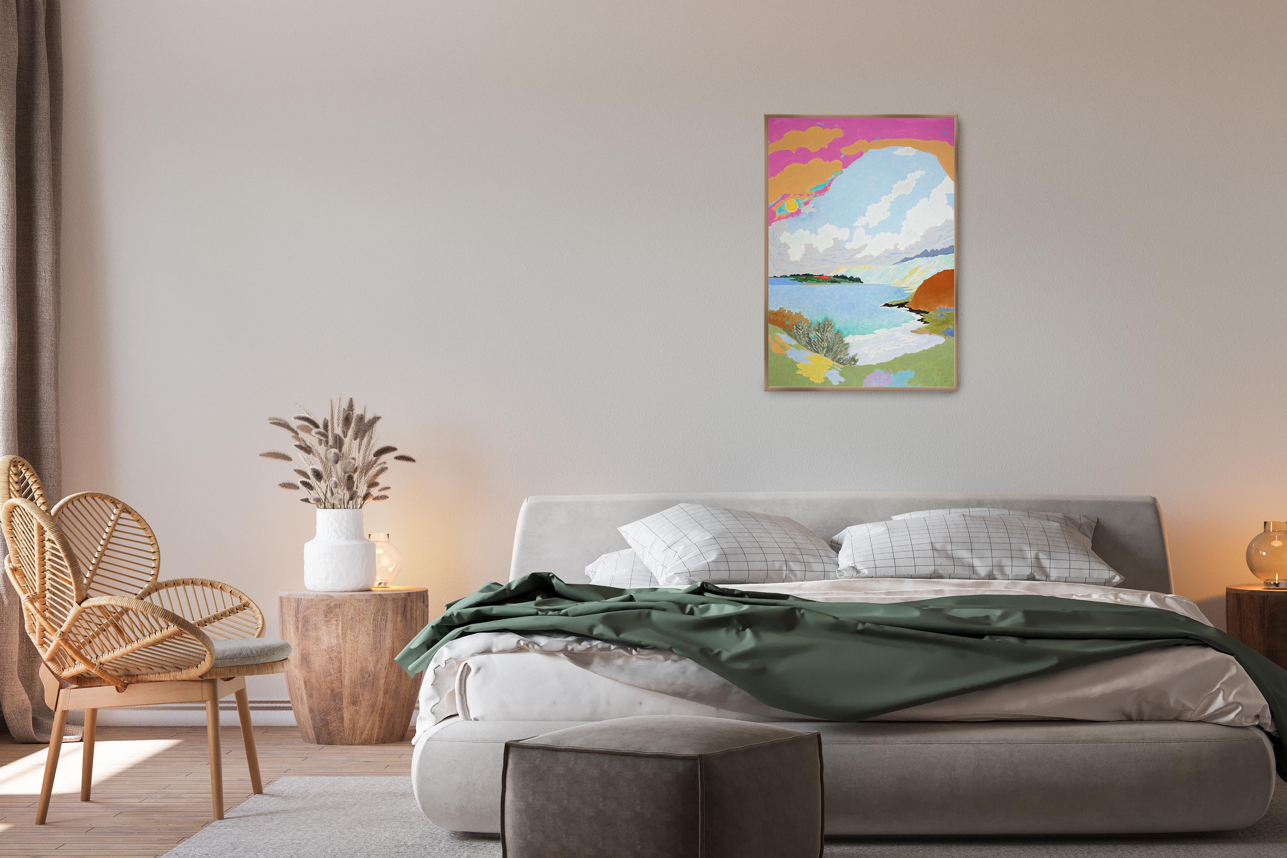This is a beautiful landscape painting by Alexandra Czierpka. By reducing color and form to their essentials, she invites the observer to contemplate the harmony between humans and nature. Smooth textures, hard lines, and flowing forms merge into