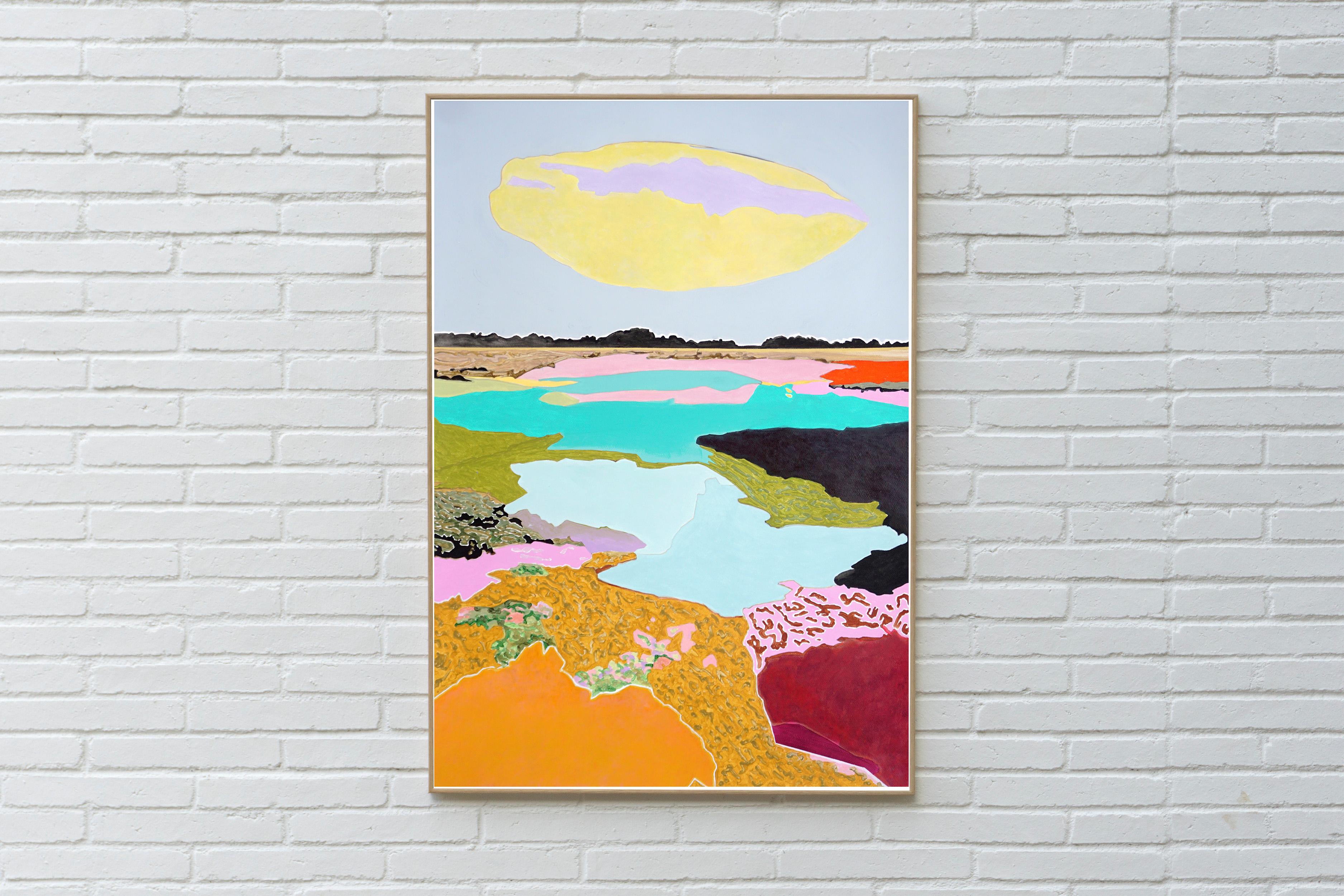 Entre la Luz y el Tiempo, Paisaje Postimpresionista, Tonos Vibrantes, Sol Amarillo - Painting de Alexandra Czierpka