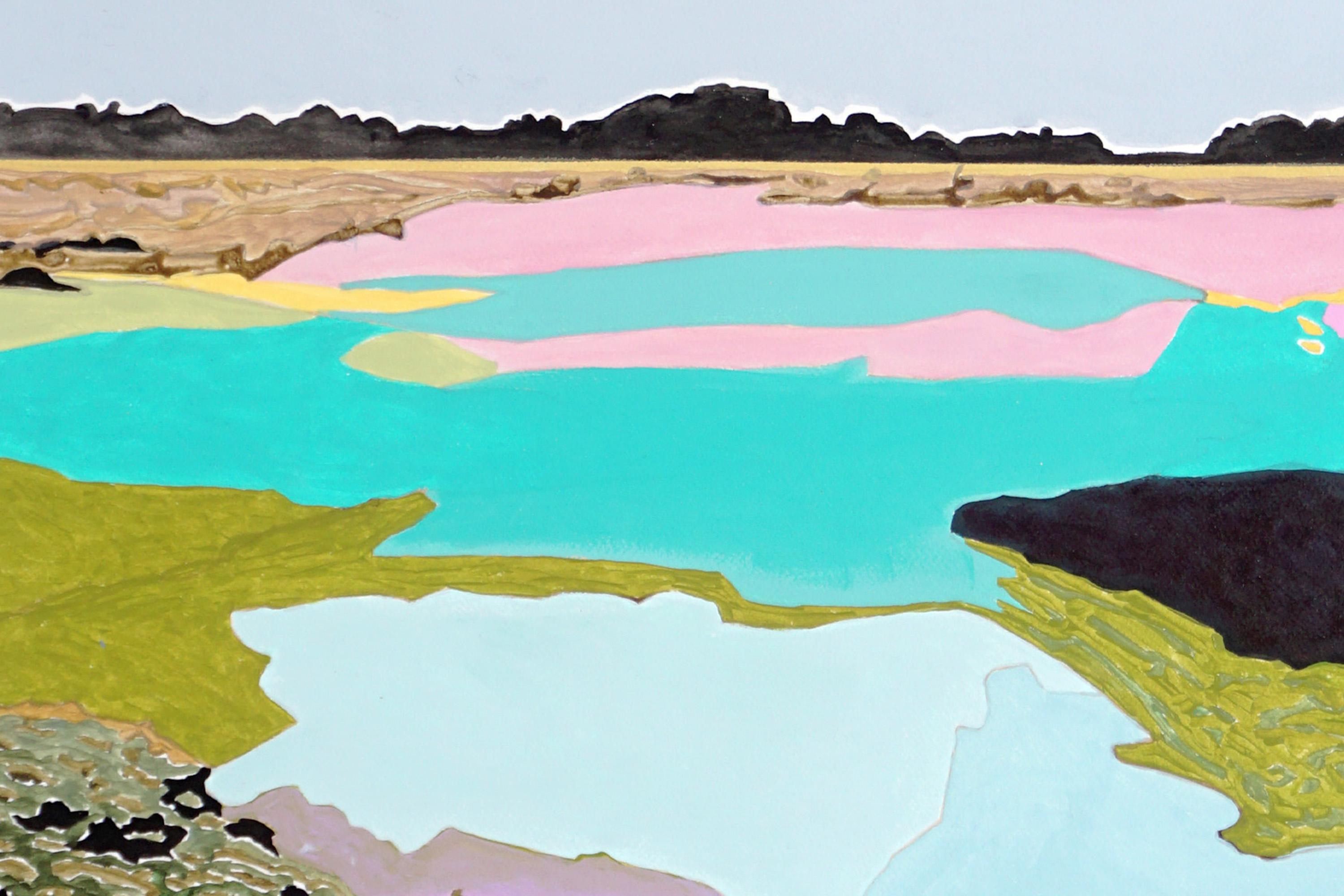 Entre la Luz y el Tiempo, Paisaje Postimpresionista, Tonos Vibrantes, Sol Amarillo - Landscape Painting Beige de Alexandra Czierpka
