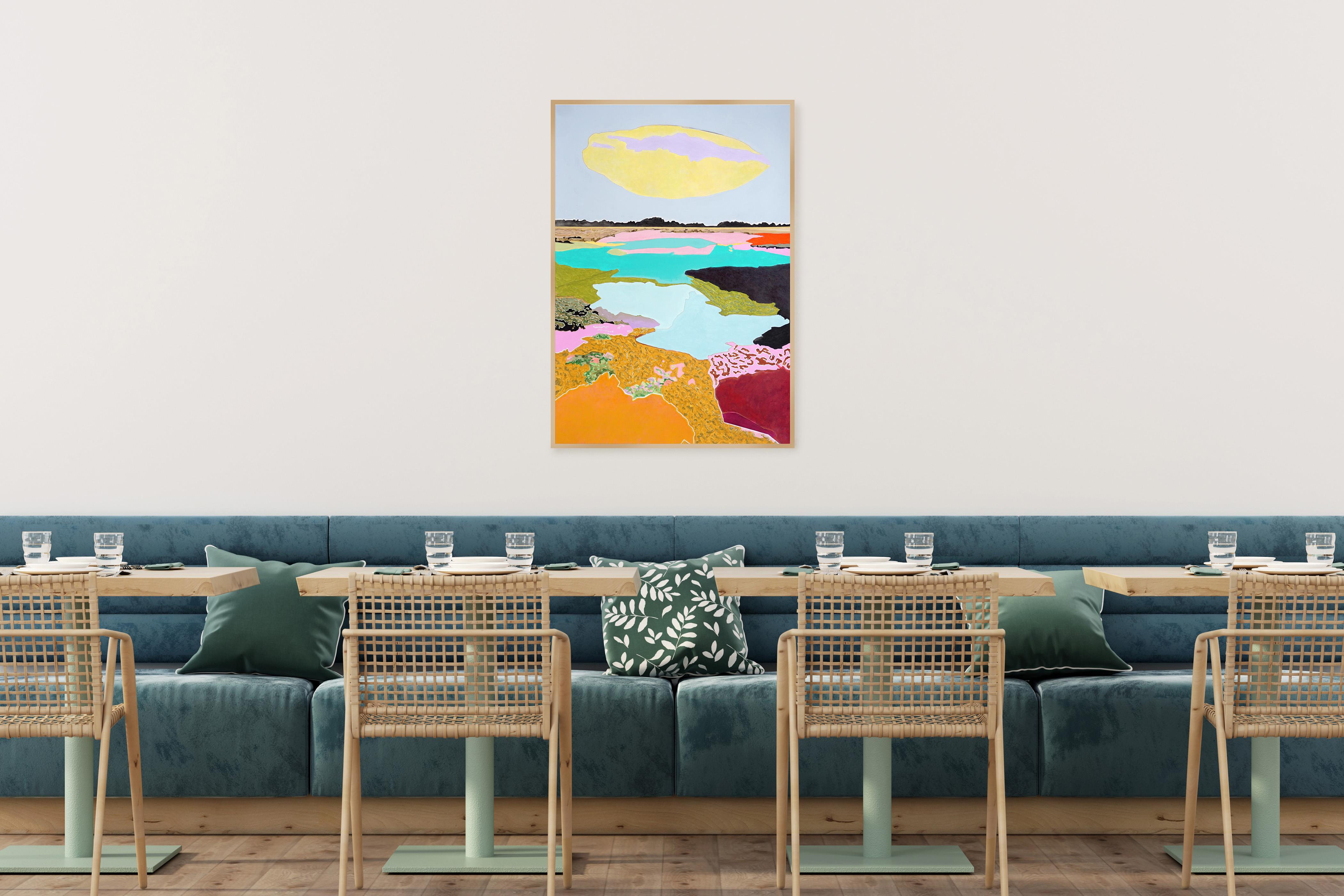 Éste es un hermoso cuadro de paisaje pintado por Alexandra Czierpka. Al reducir el color y la forma a lo esencial, invita al observador a contemplar la armonía entre el ser humano y la naturaleza. Texturas suaves, líneas duras y formas fluidas se