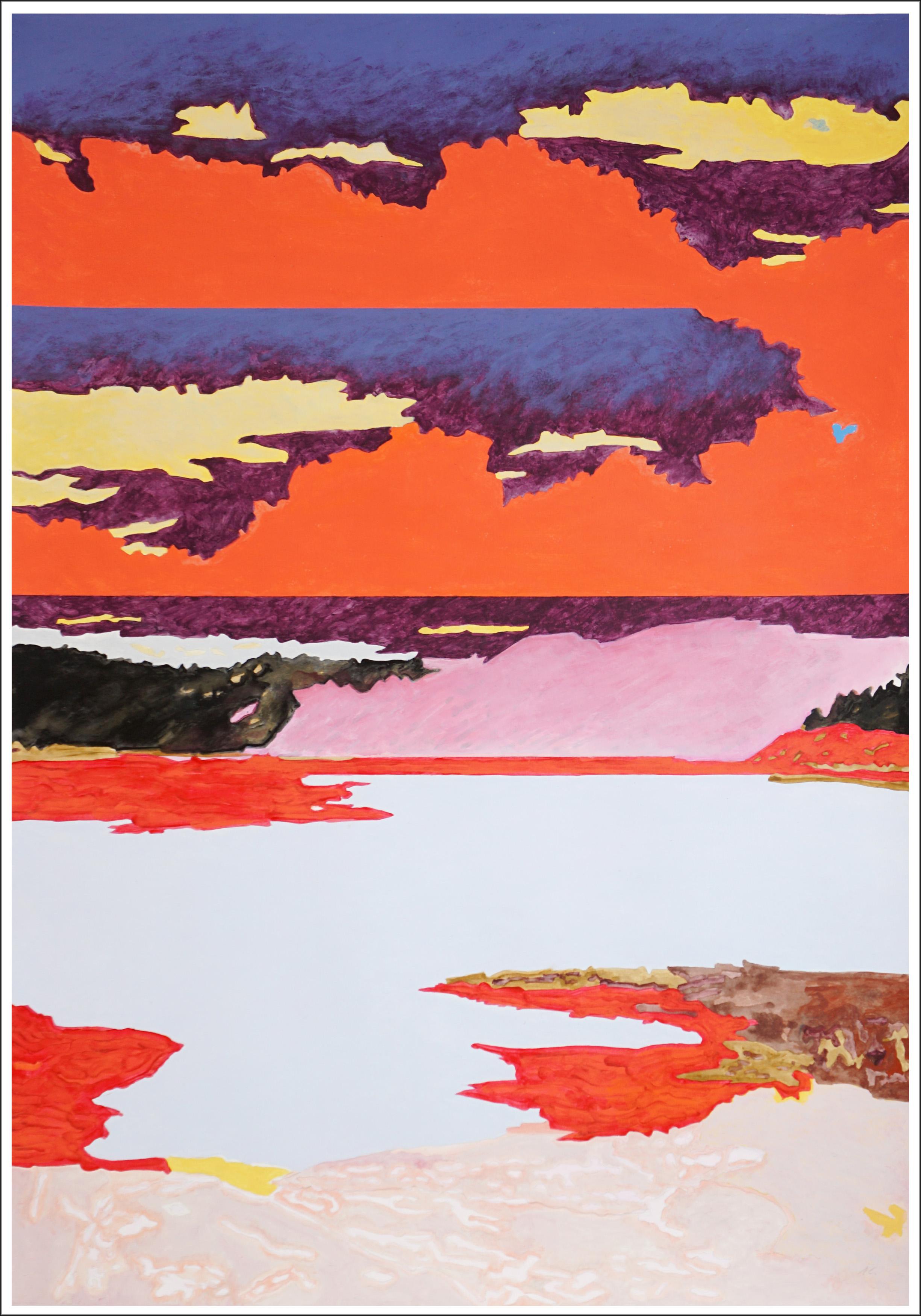 Alexandra Czierpka Landscape Painting – Burns Between the Lights, Warm Tones, Sunset Landscape in Red and Pink, on Paper