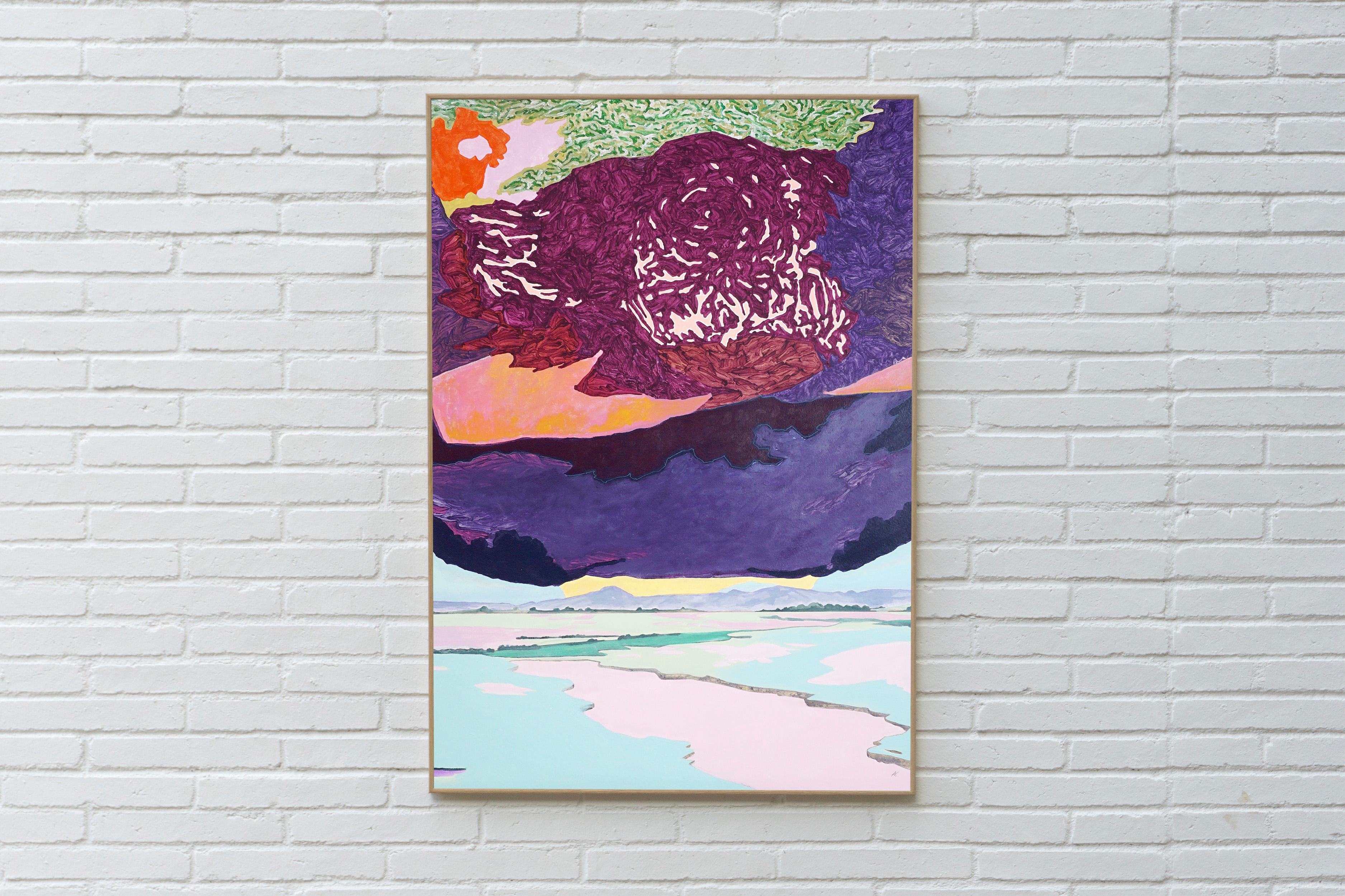 Caught in Structure, Deep Purple, Fauvist Landscape, Surreal Sky, Lake Prairie - Painting by Alexandra Czierpka