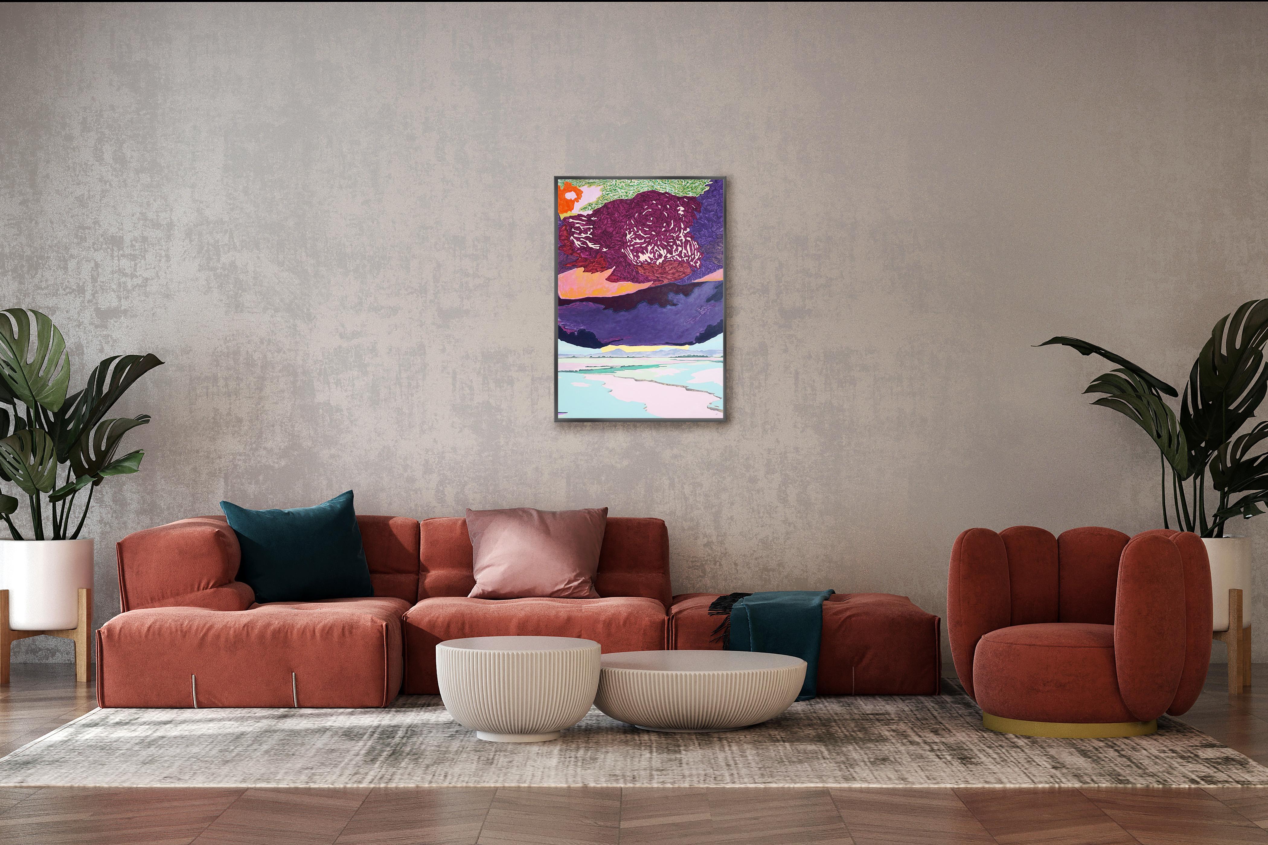 Caught in Structure, Deep Purple, Fauvist Landscape, Surreal Sky, Lake Prairie - Naturalistic Painting by Alexandra Czierpka