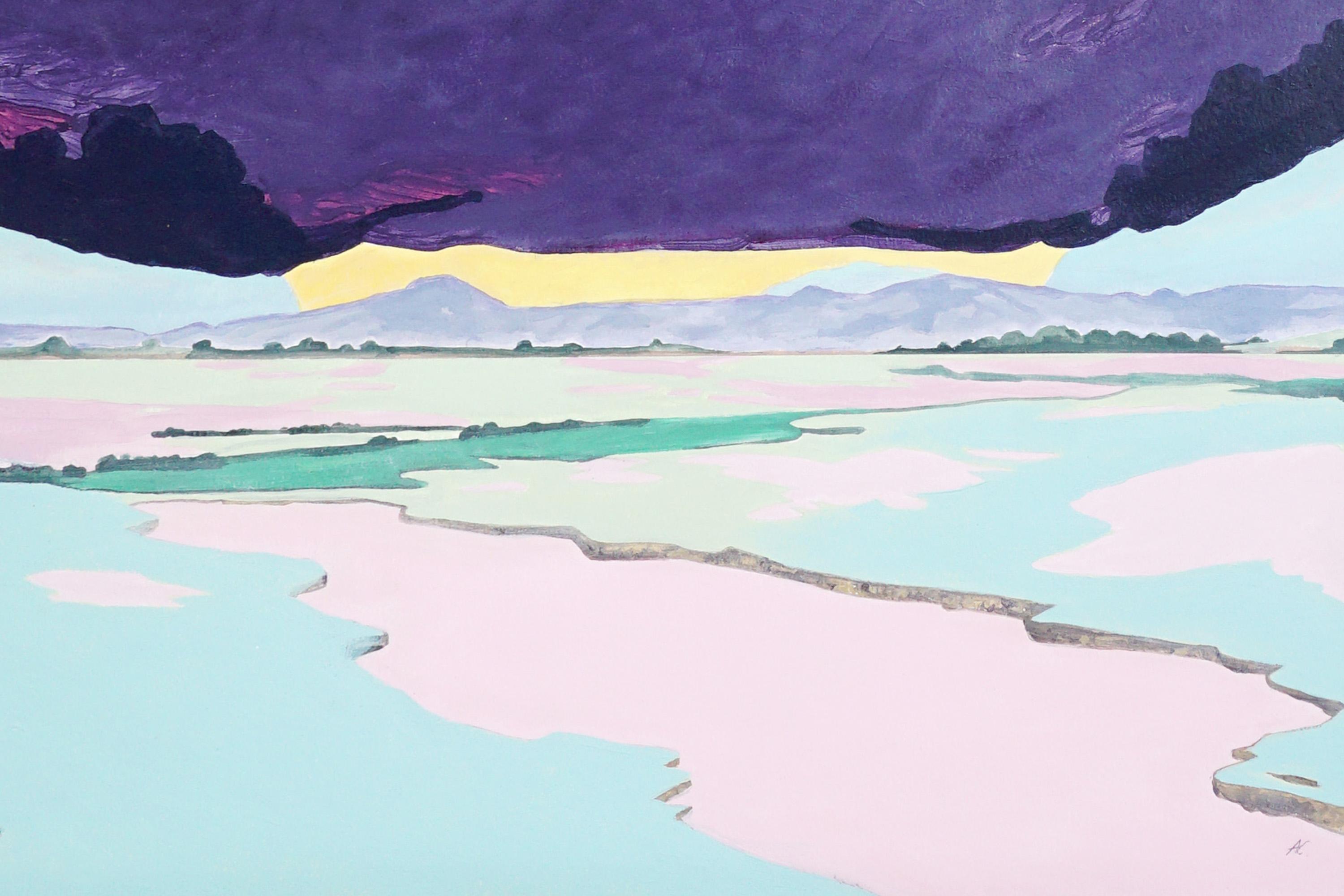 Caught in Structure, Deep Purple, Fauvist Landscape, Surreal Sky, Lake Prairie For Sale 3