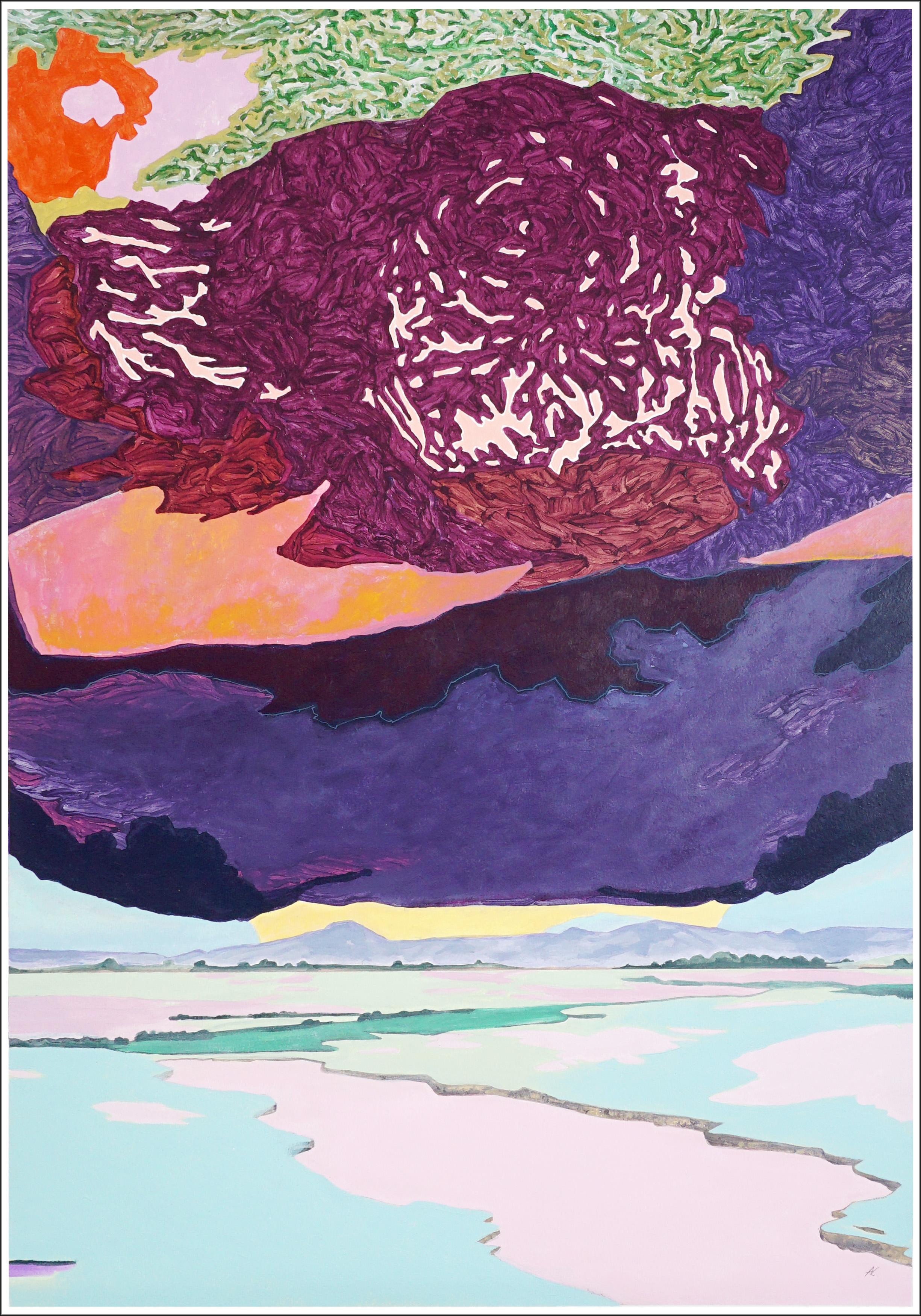 Alexandra Czierpka Figurative Painting - Caught in Structure, Deep Purple, Fauvist Landscape, Surreal Sky, Lake Prairie