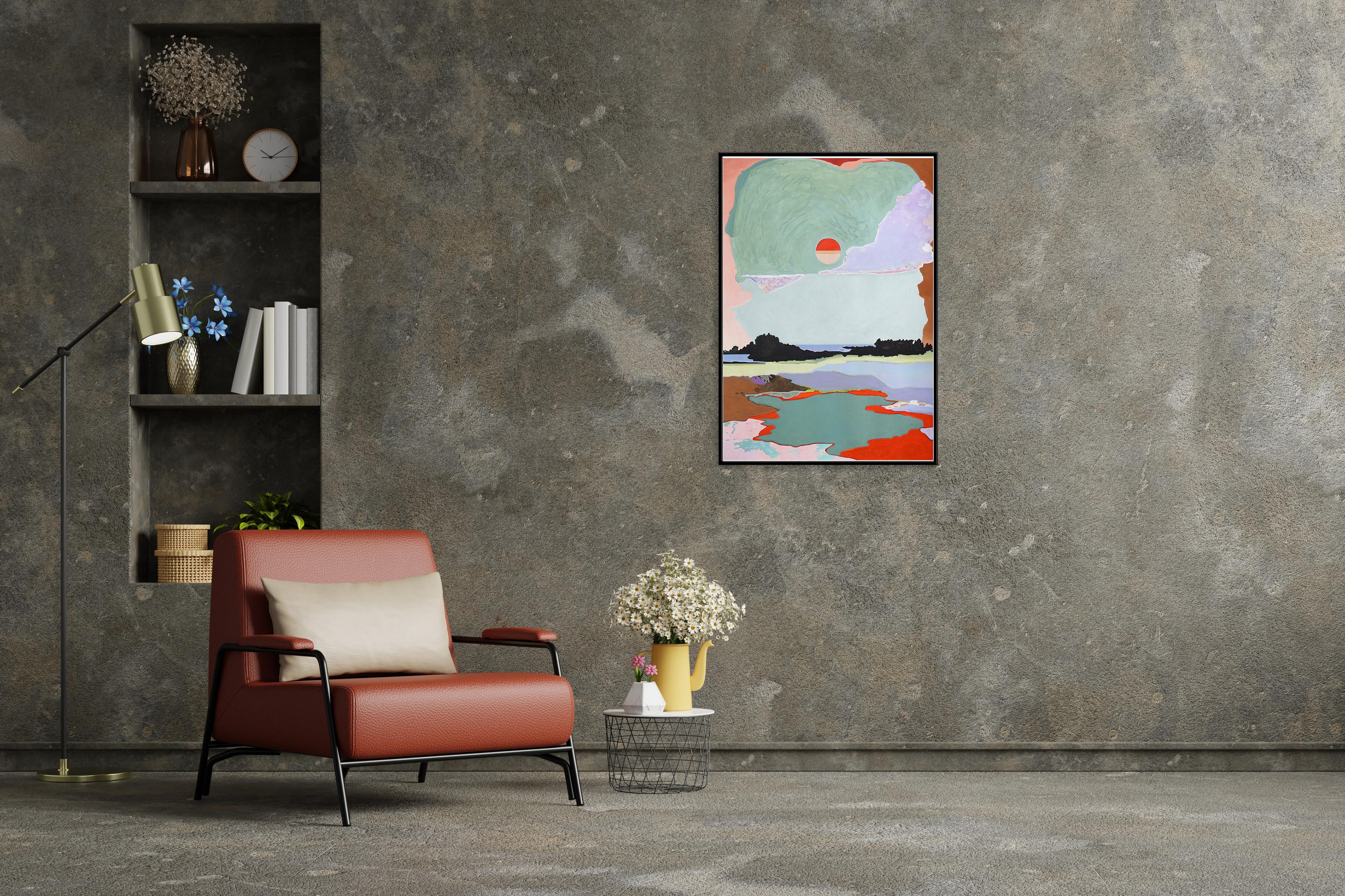 Circulación de la luz, Paisaje postimpresionista con vista a un lago, Tonos vivos, Papel - Painting de Alexandra Czierpka