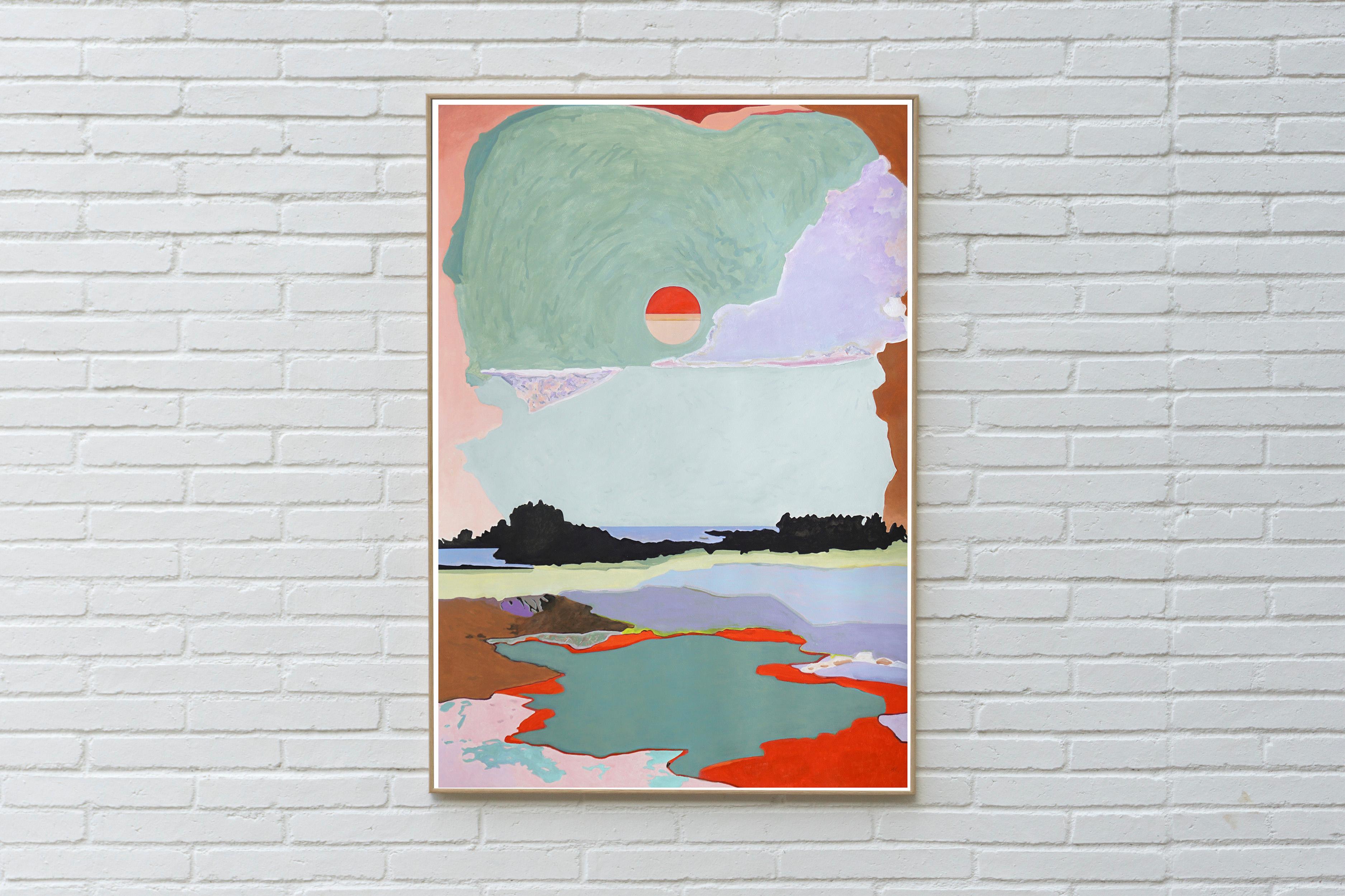 Circulación de la luz, Paisaje postimpresionista con vista a un lago, Tonos vivos, Papel - Painting Impresionista de Alexandra Czierpka