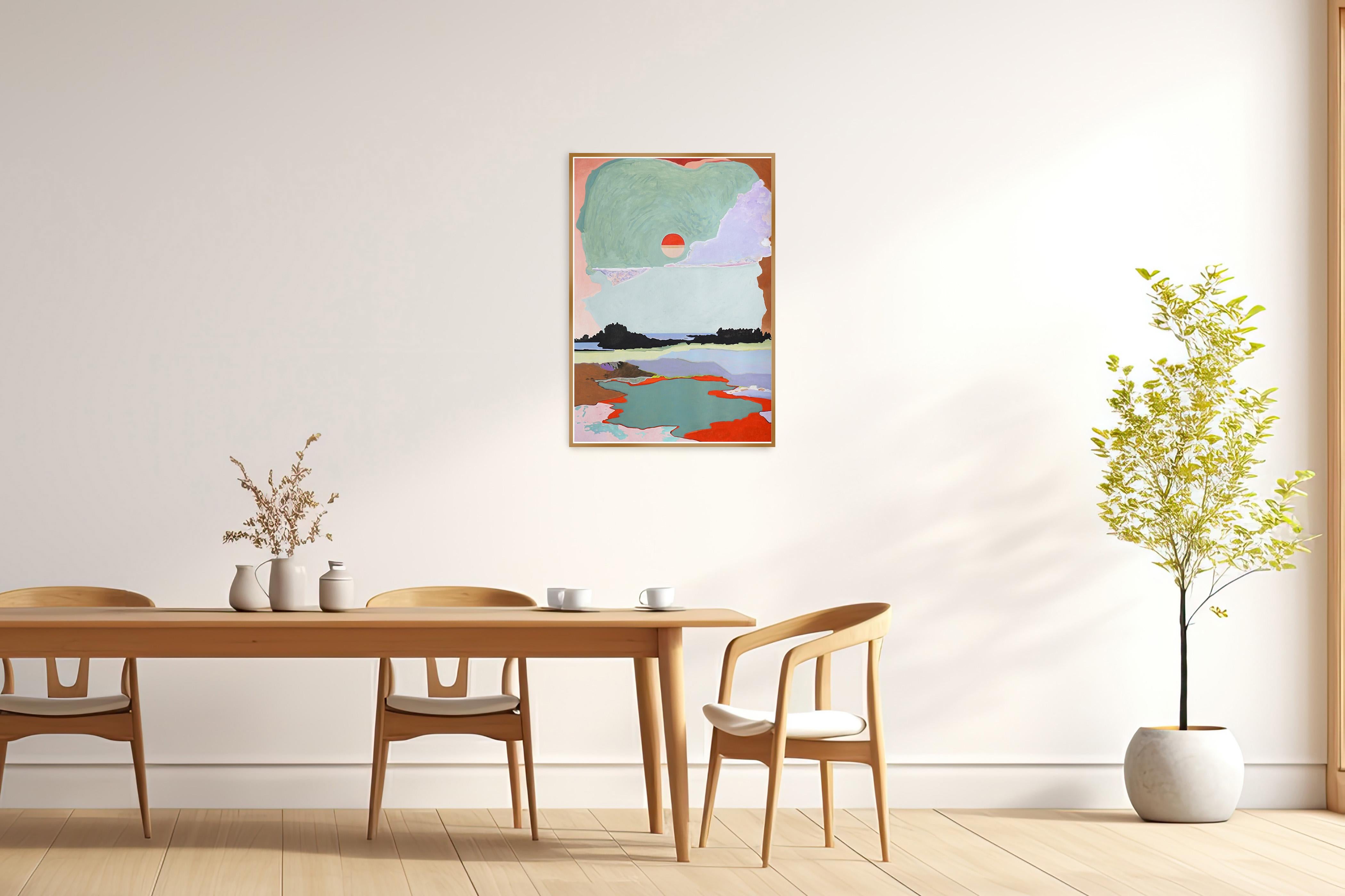 Éste es un hermoso cuadro de paisaje pintado por Alexandra Czierpka. Al reducir el color y la forma a lo esencial, invita al observador a contemplar la armonía entre el ser humano y la naturaleza. Texturas suaves, líneas duras y formas fluidas se