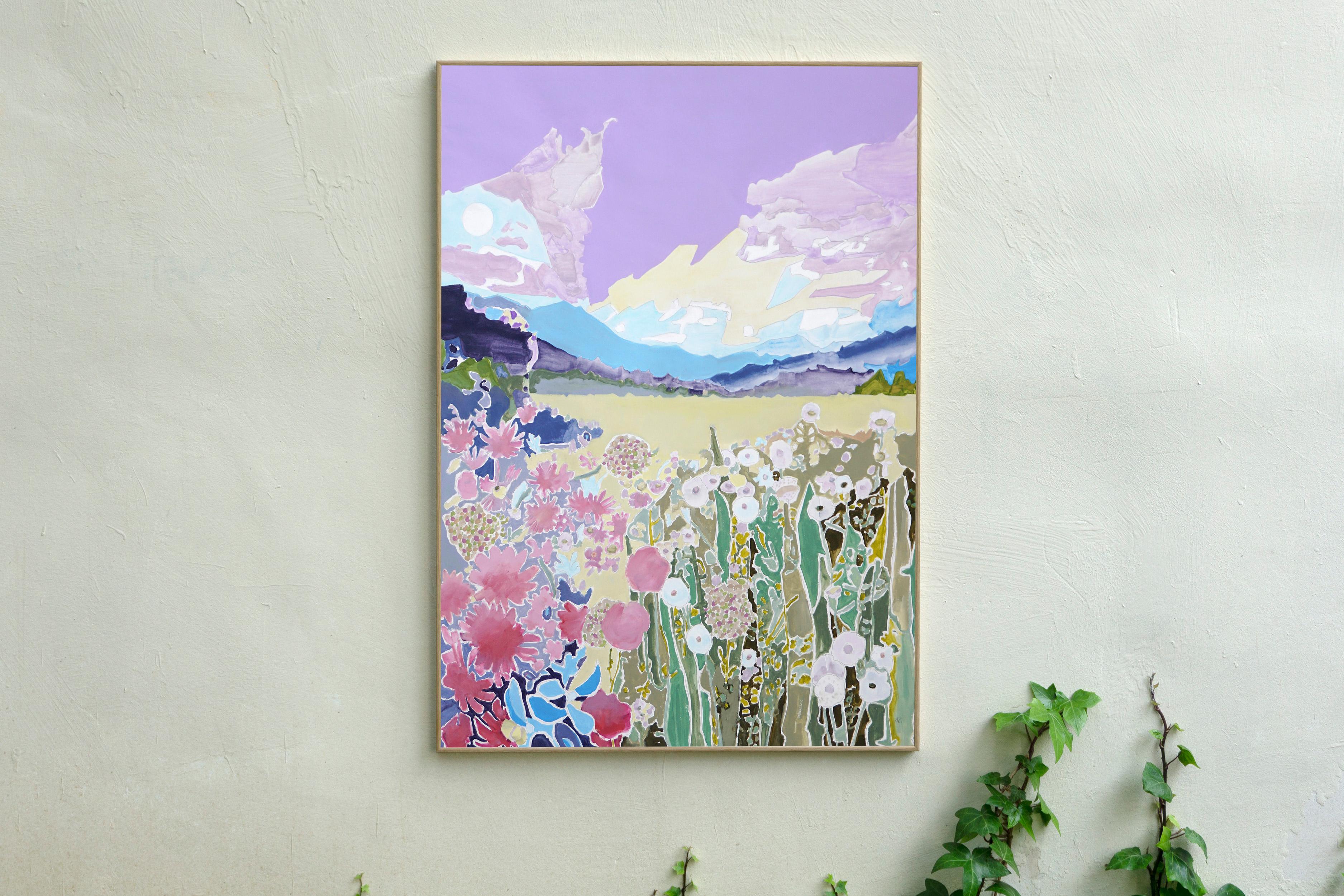 Paysage fauviste des champs de fleurs lilas, peinture de style illustration - Painting de Alexandra Czierpka