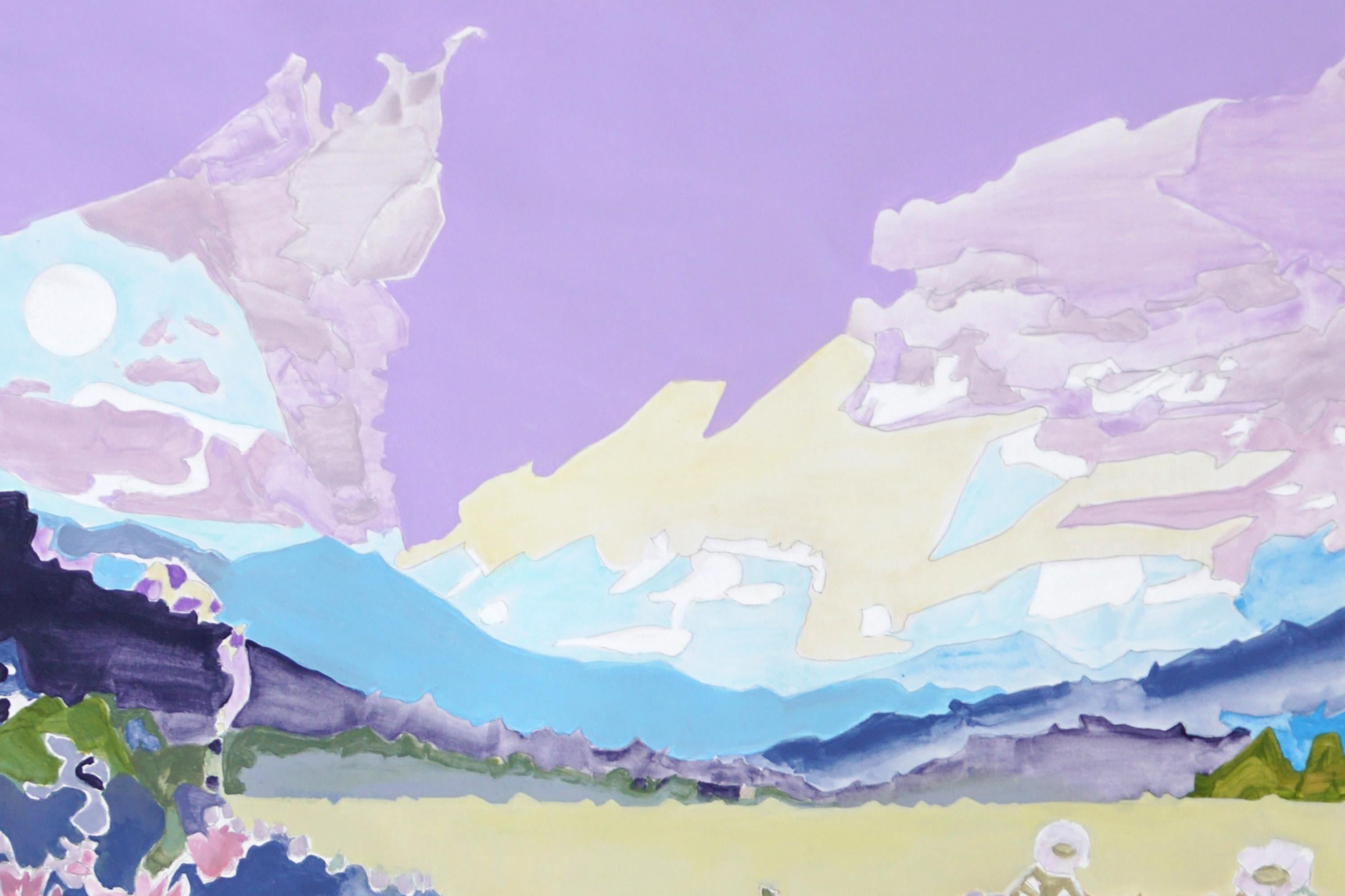 Paysage fauviste des champs de fleurs lilas, peinture de style illustration - Fauvisme Painting par Alexandra Czierpka