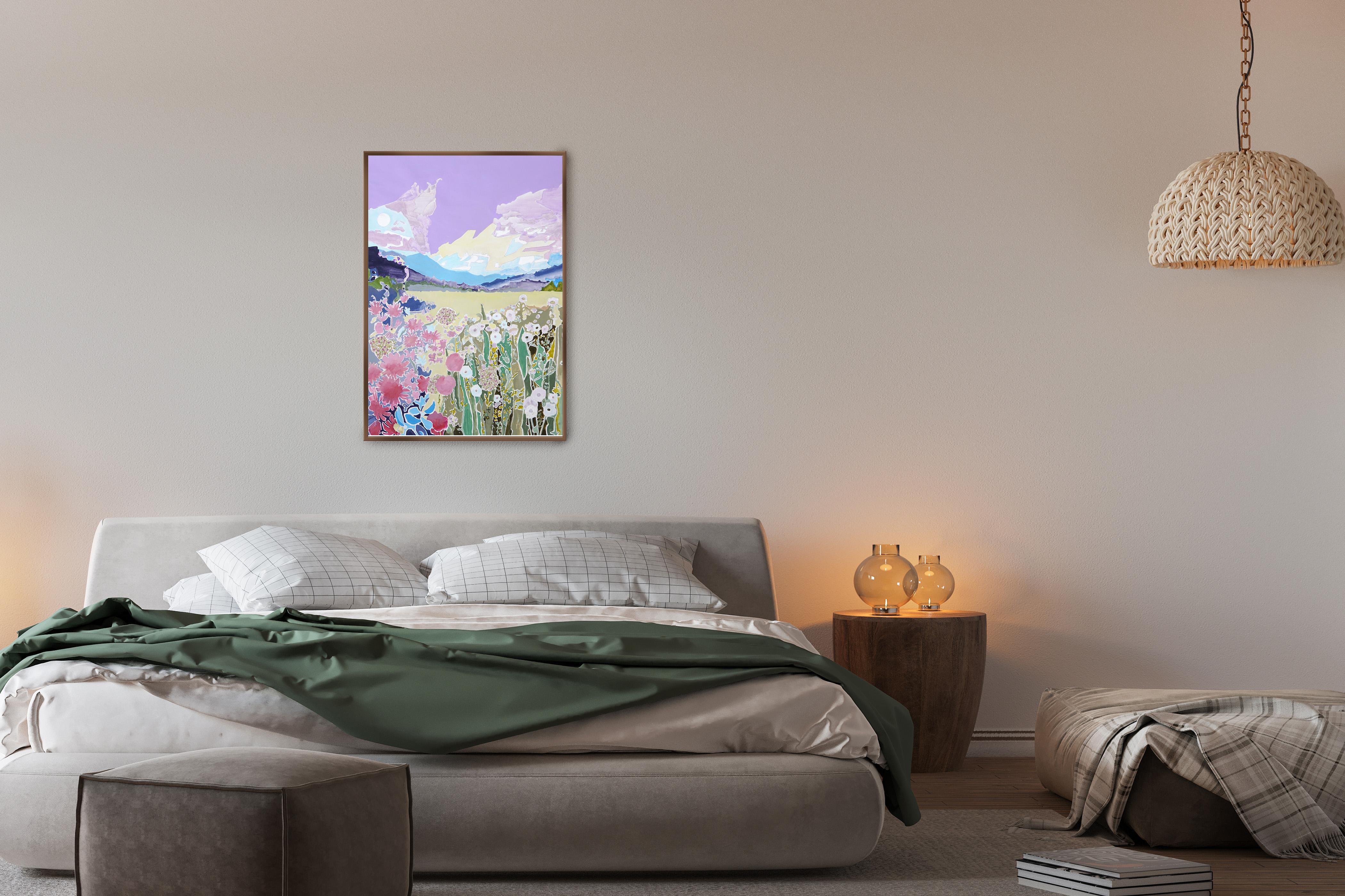 Paysage fauviste des champs de fleurs lilas, peinture de style illustration - Gris Landscape Painting par Alexandra Czierpka