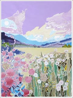 Fauvistische blühende Landschaft mit Fliederblumenfeldern, Gemälde im Illustrationsstil