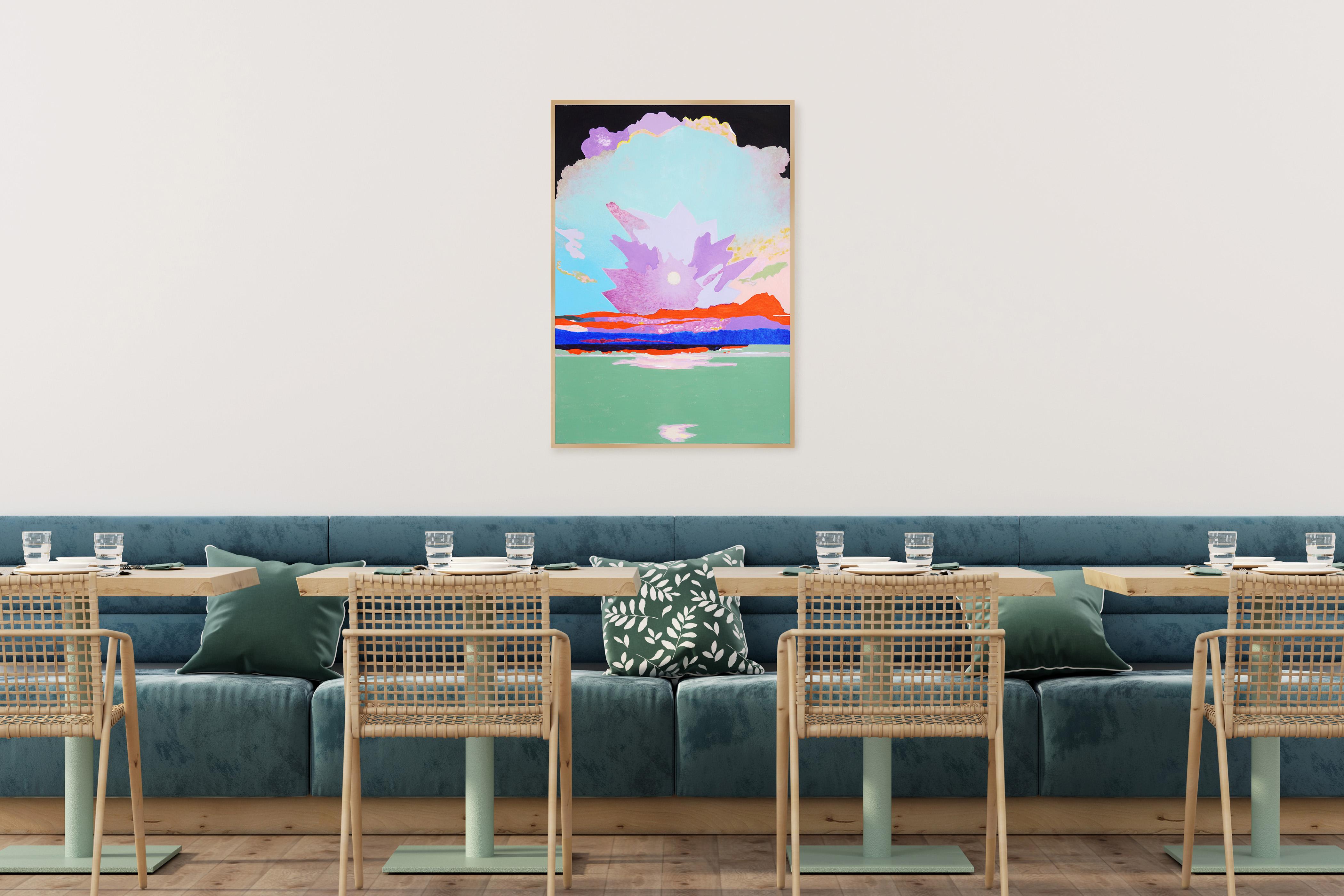 Geometrías fluidas, paisaje fauvista, montañas con atardecer púrpura, pintura, papel - Painting de Alexandra Czierpka