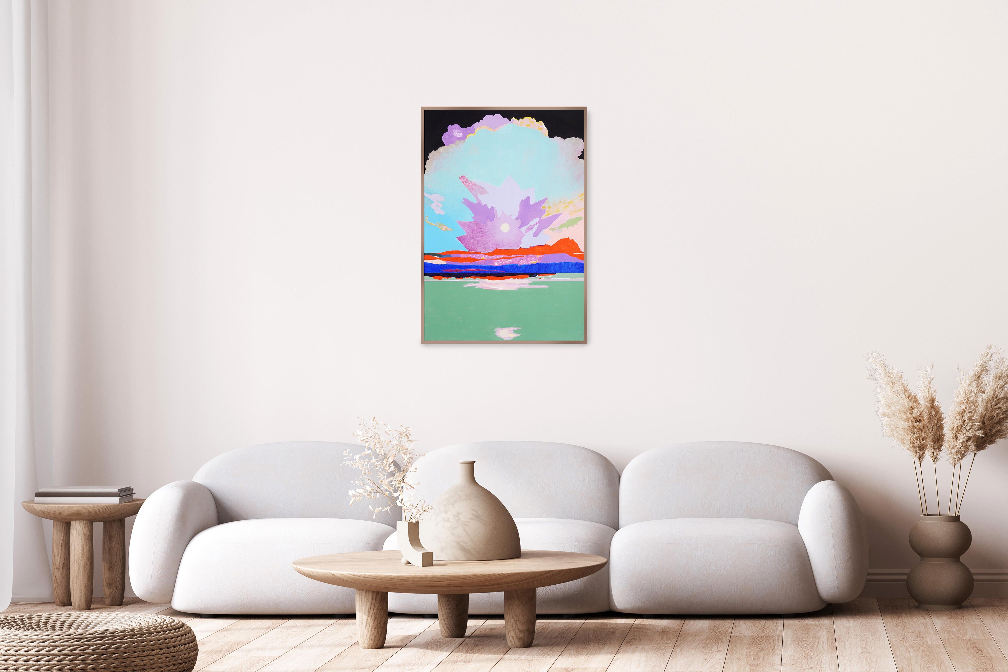 Geometrías fluidas, paisaje fauvista, montañas con atardecer púrpura, pintura, papel - Painting Fauvista de Alexandra Czierpka