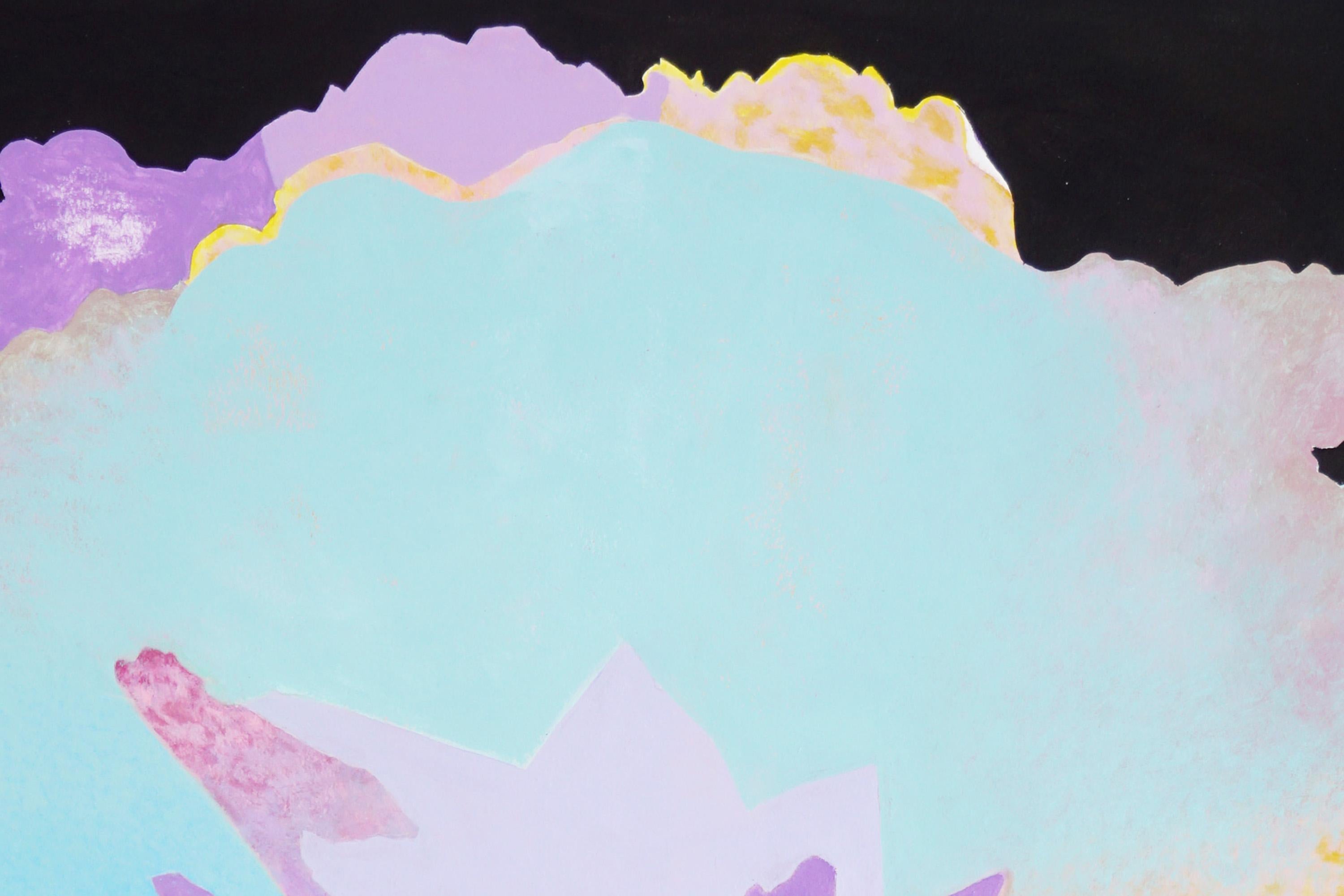 Geometrías fluidas, paisaje fauvista, montañas con atardecer púrpura, pintura, papel - Landscape Painting Azul de Alexandra Czierpka