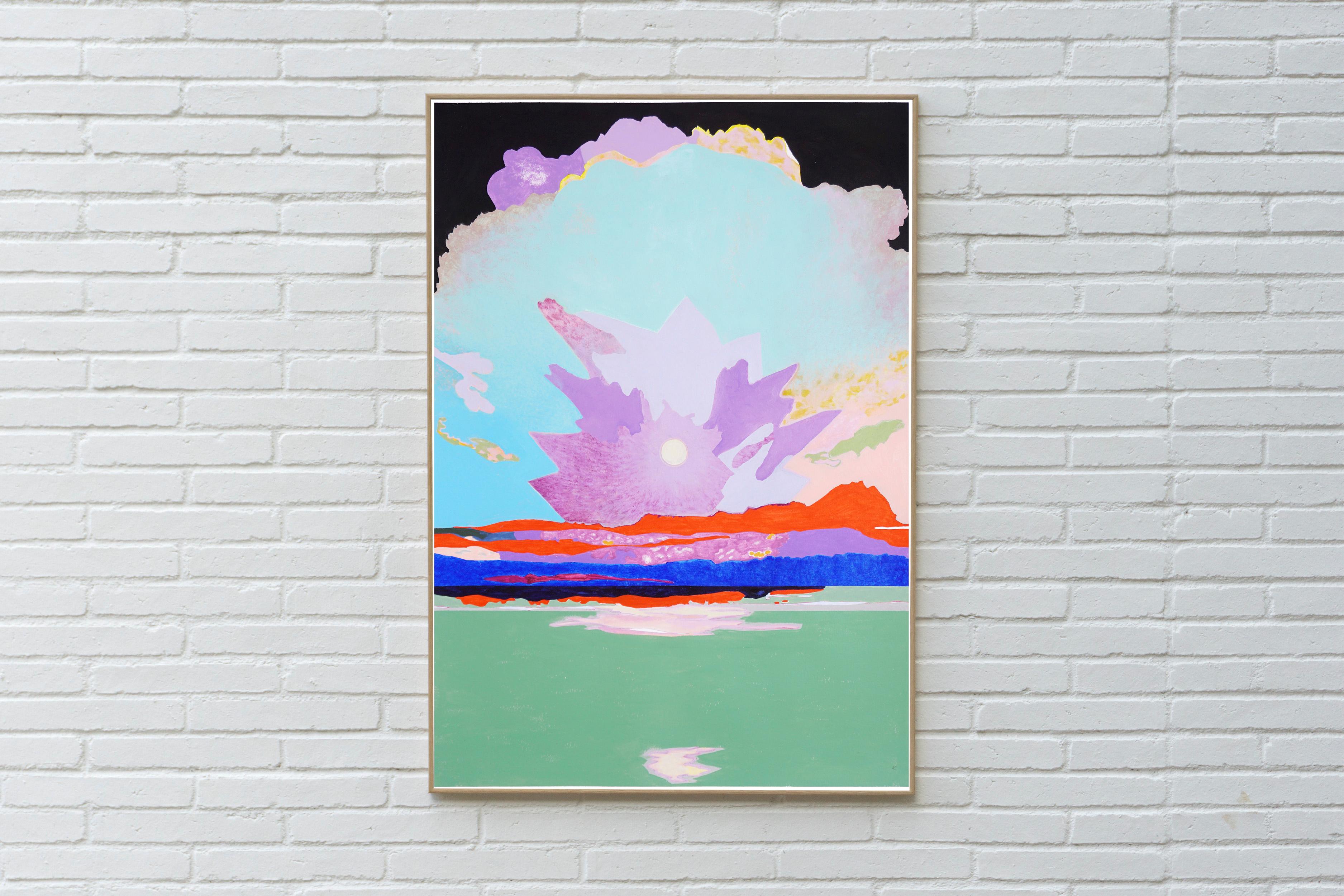 Éste es un hermoso cuadro de paisaje pintado por Alexandra Czierpka. Al reducir el color y la forma a lo esencial, invita al observador a contemplar la armonía entre el ser humano y la naturaleza. Texturas suaves, líneas duras y formas fluidas se
