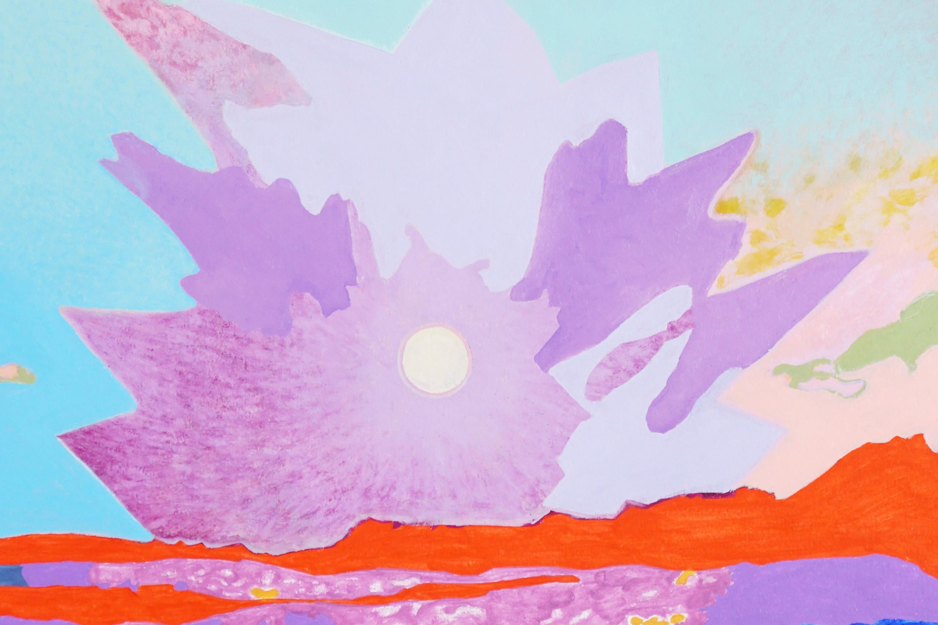 Geometrías fluidas, paisaje fauvista, montañas con atardecer púrpura, pintura, papel 1