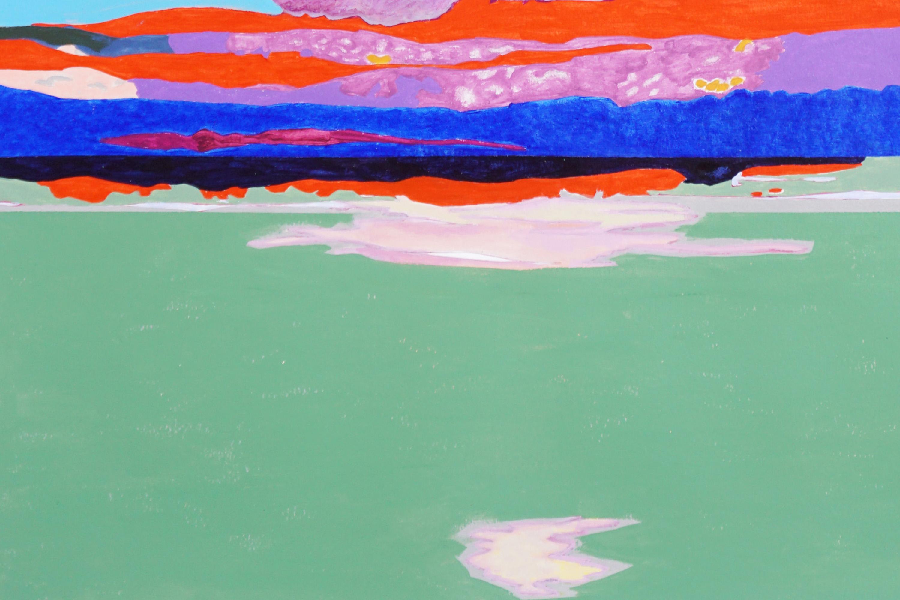 Geometrías fluidas, paisaje fauvista, montañas con atardecer púrpura, pintura, papel 3