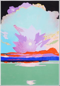 Schwebende Geometrien, fauvistische Landschaft, lila Sonnenuntergangsgebirge, Gemälde, Papier