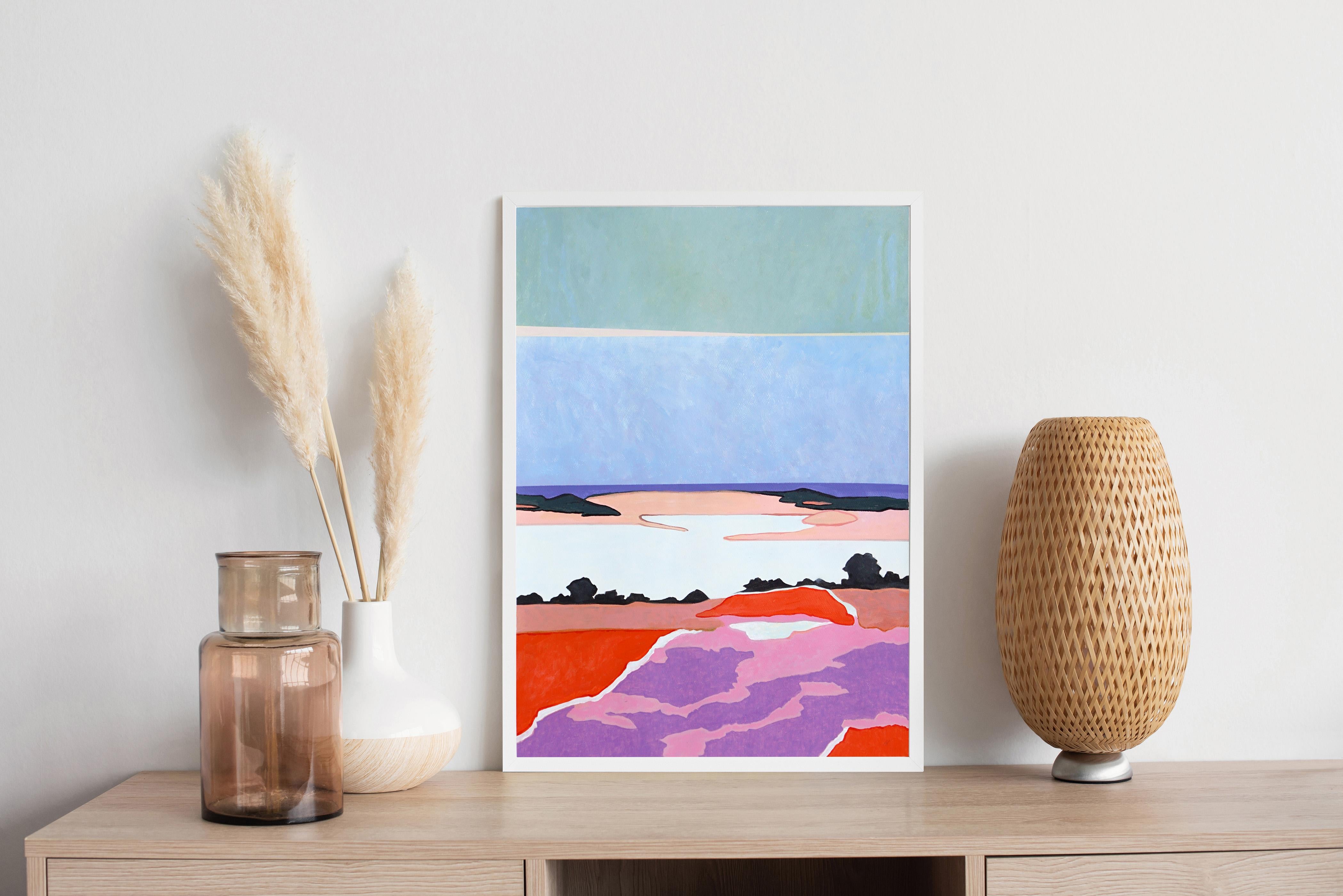 Camino fluido hacia el atardecer, paisaje surrealista en púrpura y azul sobre papel, 2024 - Painting de Alexandra Czierpka