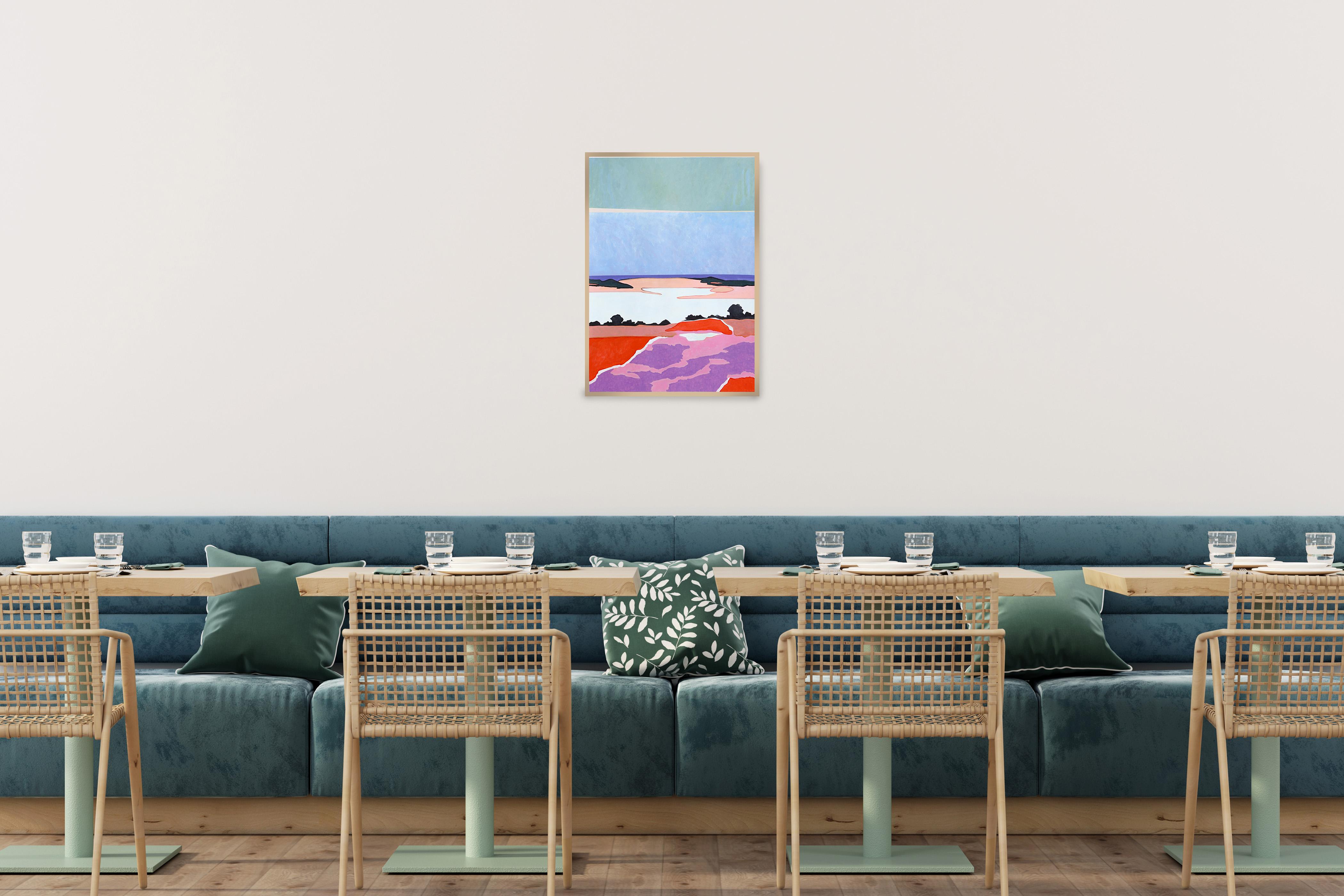 Camino fluido hacia el atardecer, paisaje surrealista en púrpura y azul sobre papel, 2024 - Painting Impresionista de Alexandra Czierpka