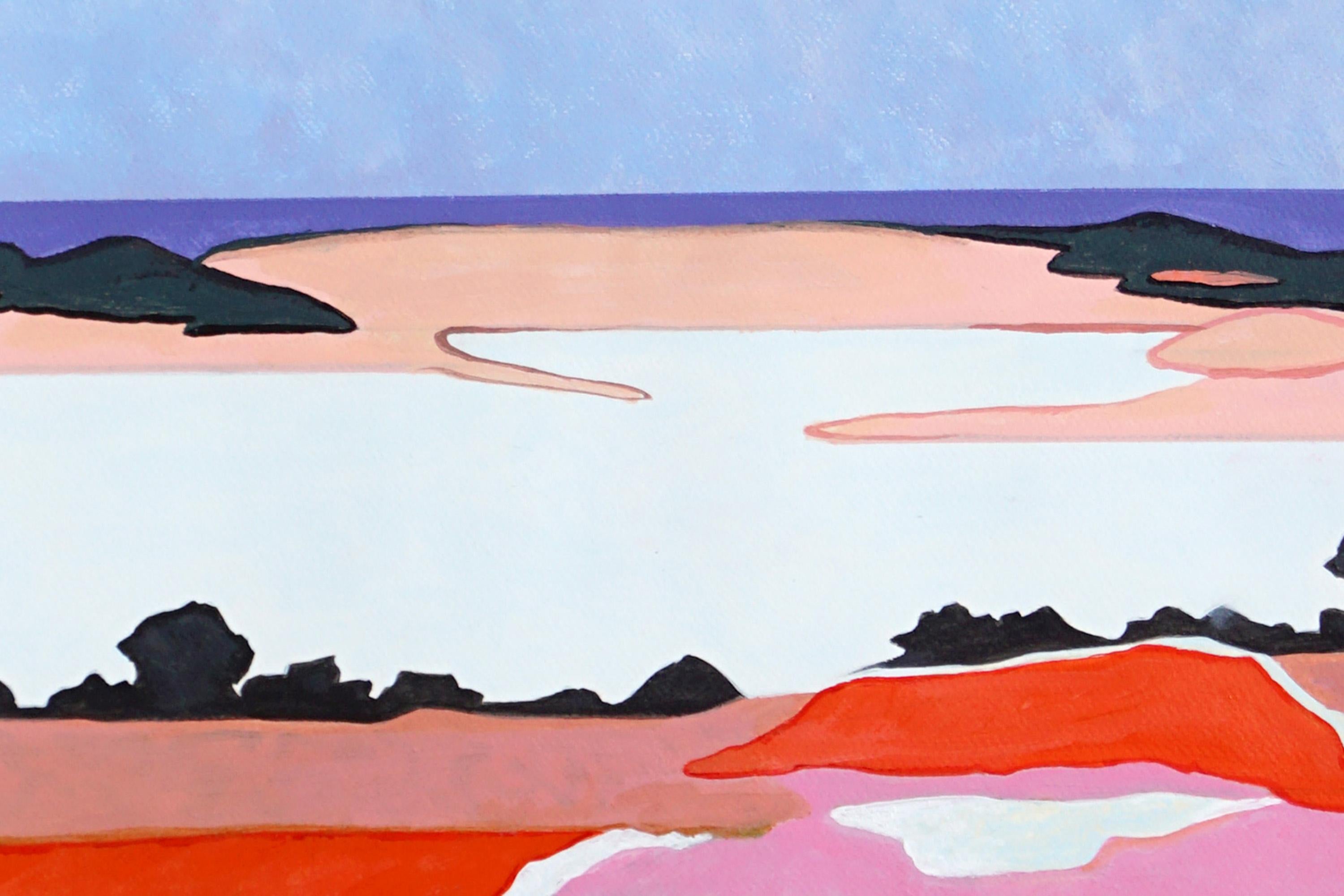 Camino fluido hacia el atardecer, paisaje surrealista en púrpura y azul sobre papel, 2024 en venta 1