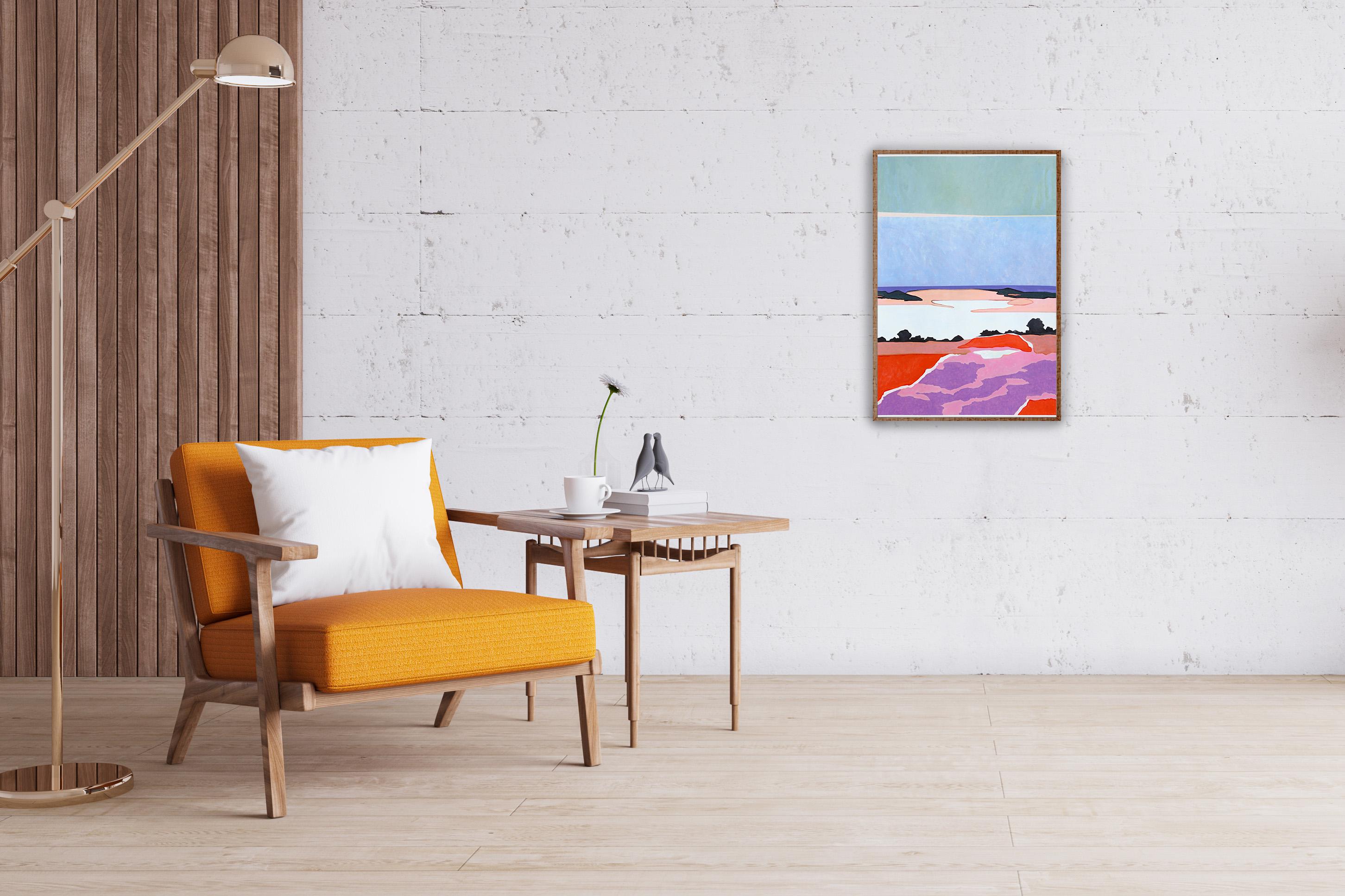 Camino fluido hacia el atardecer, paisaje surrealista en púrpura y azul sobre papel, 2024 en venta 2