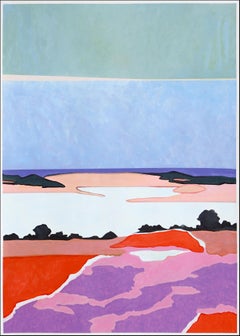 Flowing Path to the Evening, Surreale Landschaft in Lila und Blau auf Papier, 2024