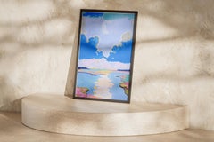 Fragile Order, Impressionist Landscape Fjord in Pastel Blue and Pink on Paper